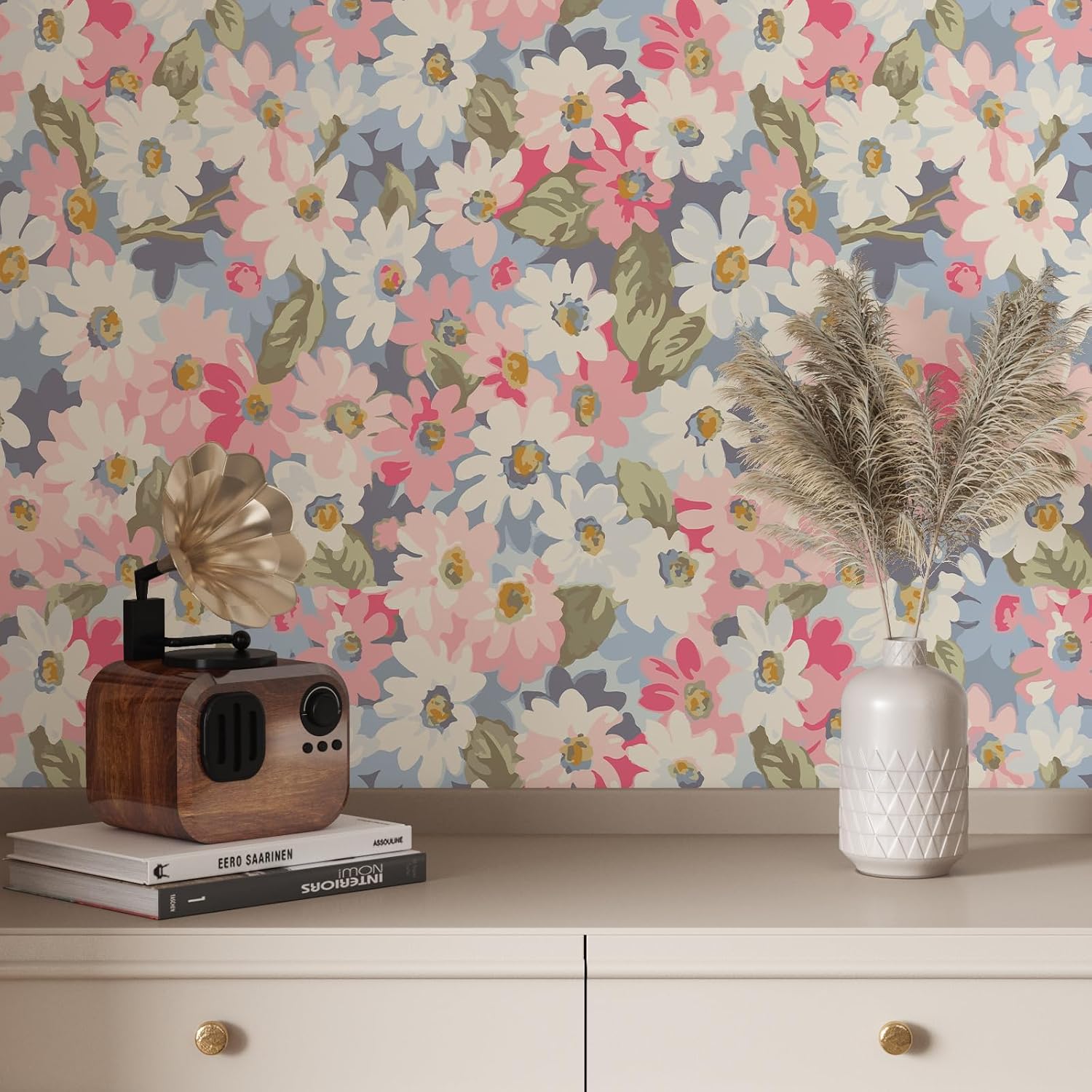 VaryPaper 17.7"x315" Watercolor Spring Daisy Floral Peel and Stick Wallpaper Decorative White/Blue/Pink Floral Contact Paper for Walls Removable Waterproof Self Adhesive Flower Wall Mural for Bedroom