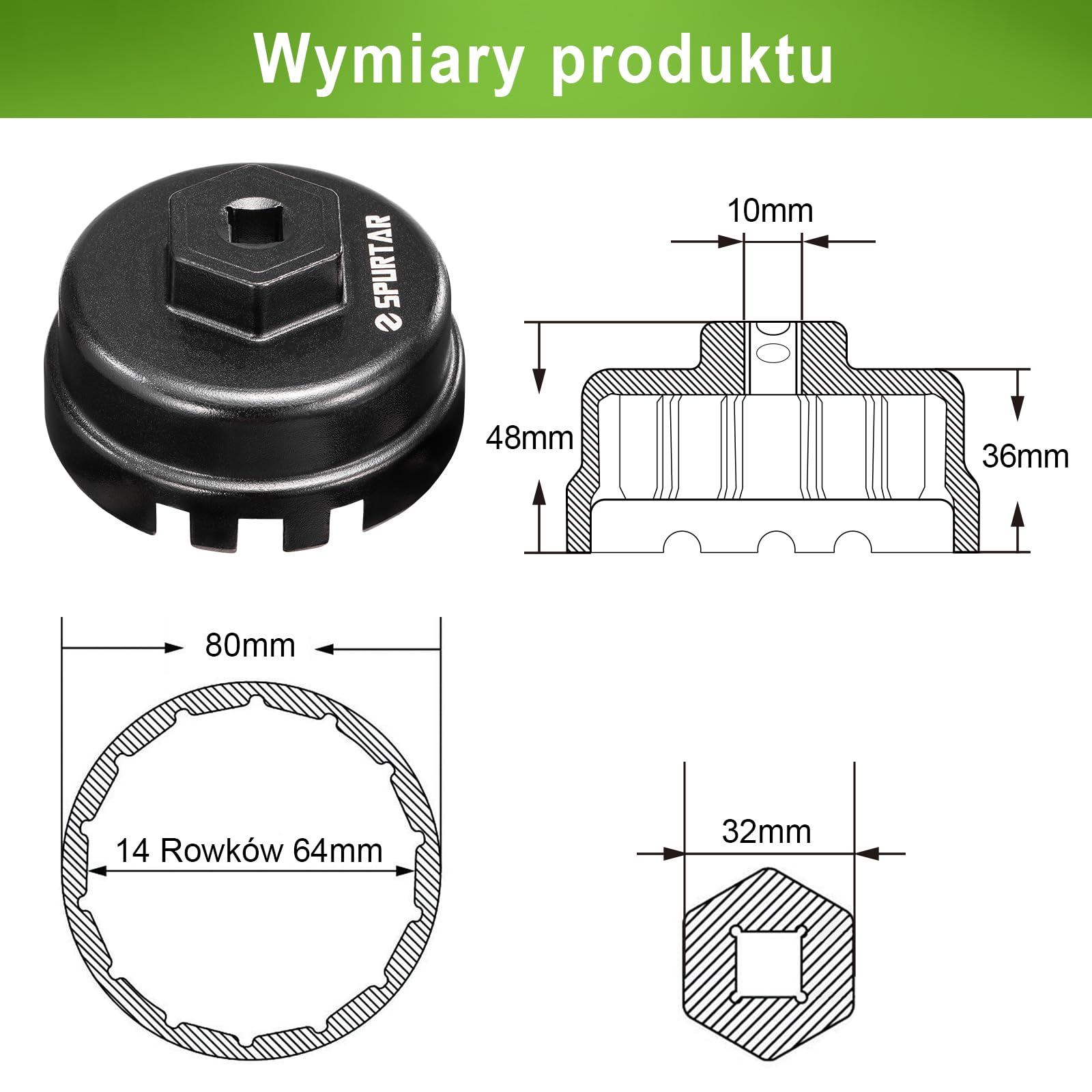 Spurtar Klucz do filtra oleju pasuje do Toyota 64mm 14 rowków 6 szczelin | do Corolla, Prius, Prius Prime, Prius V, Matrix, CT200h, Scion iM/iQ/xD, silnik 1.8L