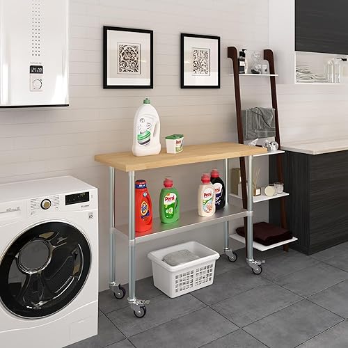 Miniatura 6 de Mesa de trabajo superior de madera de arce con estante inferior ajustable y ruedas (48 pulgadas de largo x 18 pulgadas de profundidad)