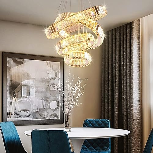 Miniatura 2 de YPQXYHDA Candelabro moderno de cristal con 4 anillos, lámpara de techo LED, lámpara de techo alto para dormitorio, sala de estar, comedor (blanco