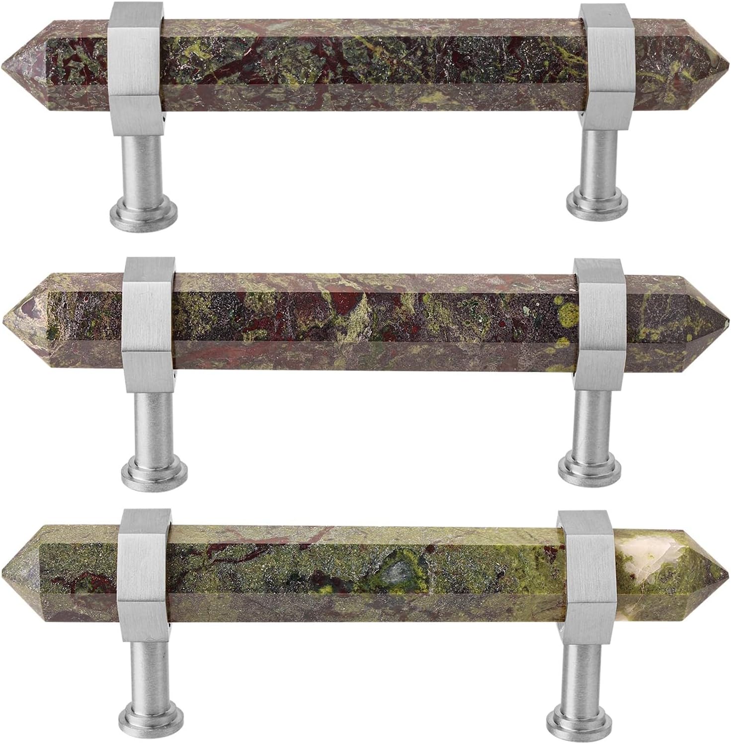 Rockcloud Pack of 2 Dragons Blood Stone Point Stone Drawer Pulls with Screws, Silver Tone Cabinet Knobs Cupboard Pulls Door Handles for Home Office Decor, Green