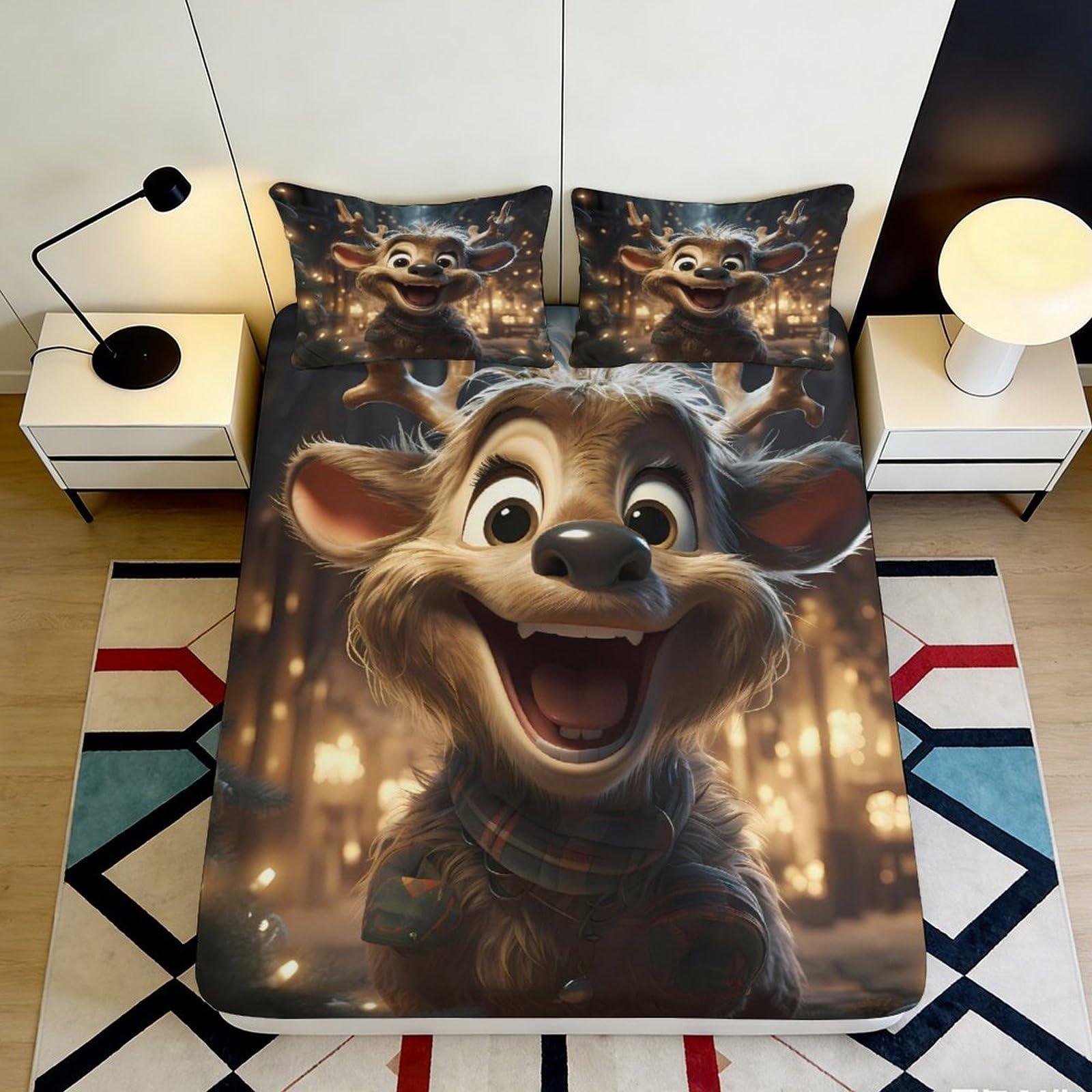 Pnayamiorkfel Style-6 3D Printed Cartoon Reindeer Fitted Sheet Microfiber Soft Breathable Festive Lights Bed Cover For Bedroom Decor 90X200x25cm