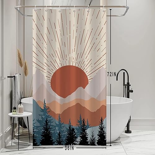 Miniatura 2 de Cortina de ducha pequeña, impermeable, abstracta, bosque, de mediados de siglo, bohemio, con diseño de amanecer, juego de cortina de ducha estrecha