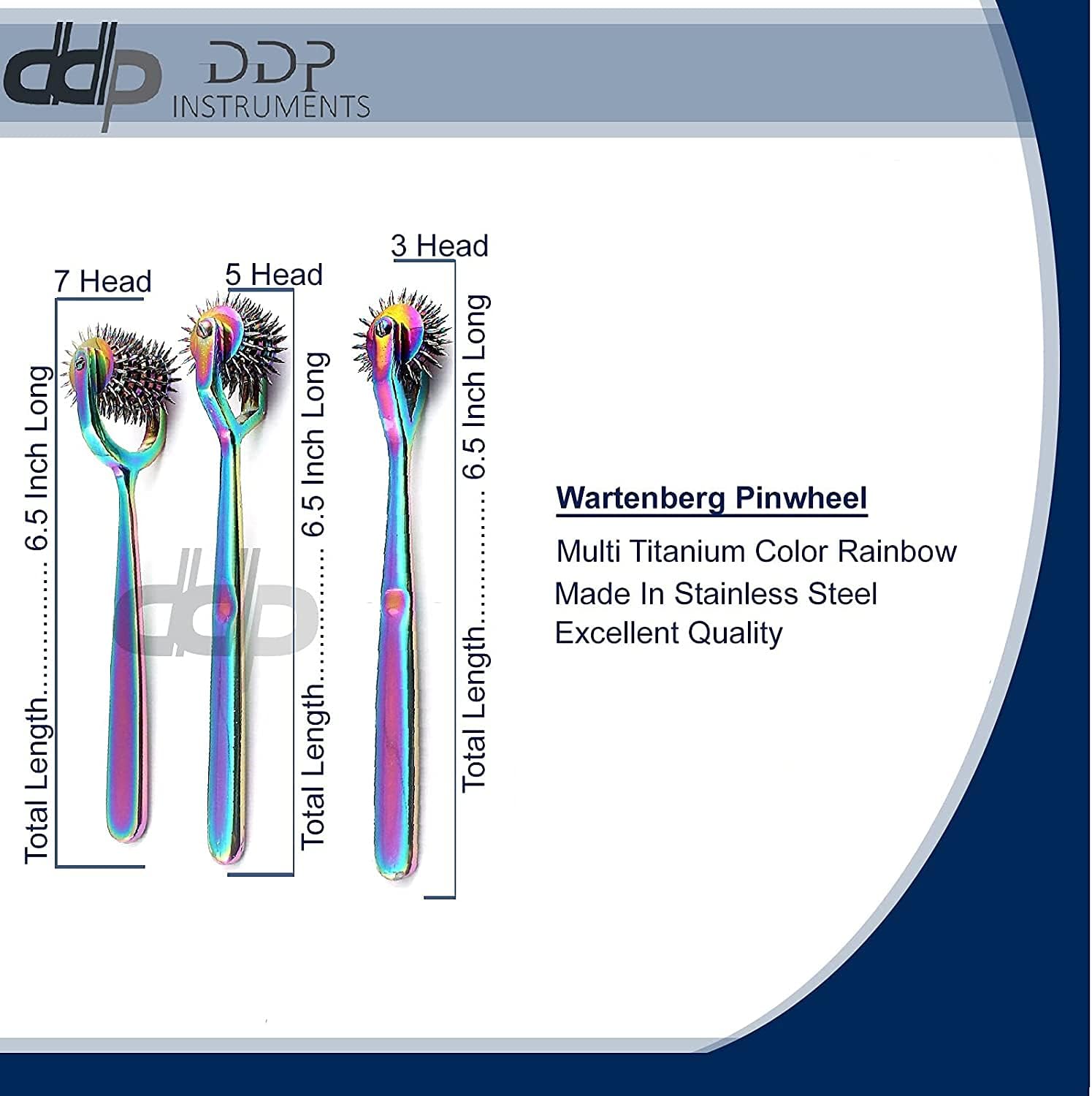DDP Set Of 3 Wartenberg Pin Wheel Pinwheel 3, 5, & 7 Head Diagnostic Multi Color Rainbow