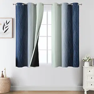 Estelar Textiler Sage Green and Navy Blue Ombre Blackout Curtains 45 Inches Long, Full Room Darkening Gradient Drapes for Kitchen, Thermal Insulated Grommet Curtains for Short Window,42Wx45L,2 Panels