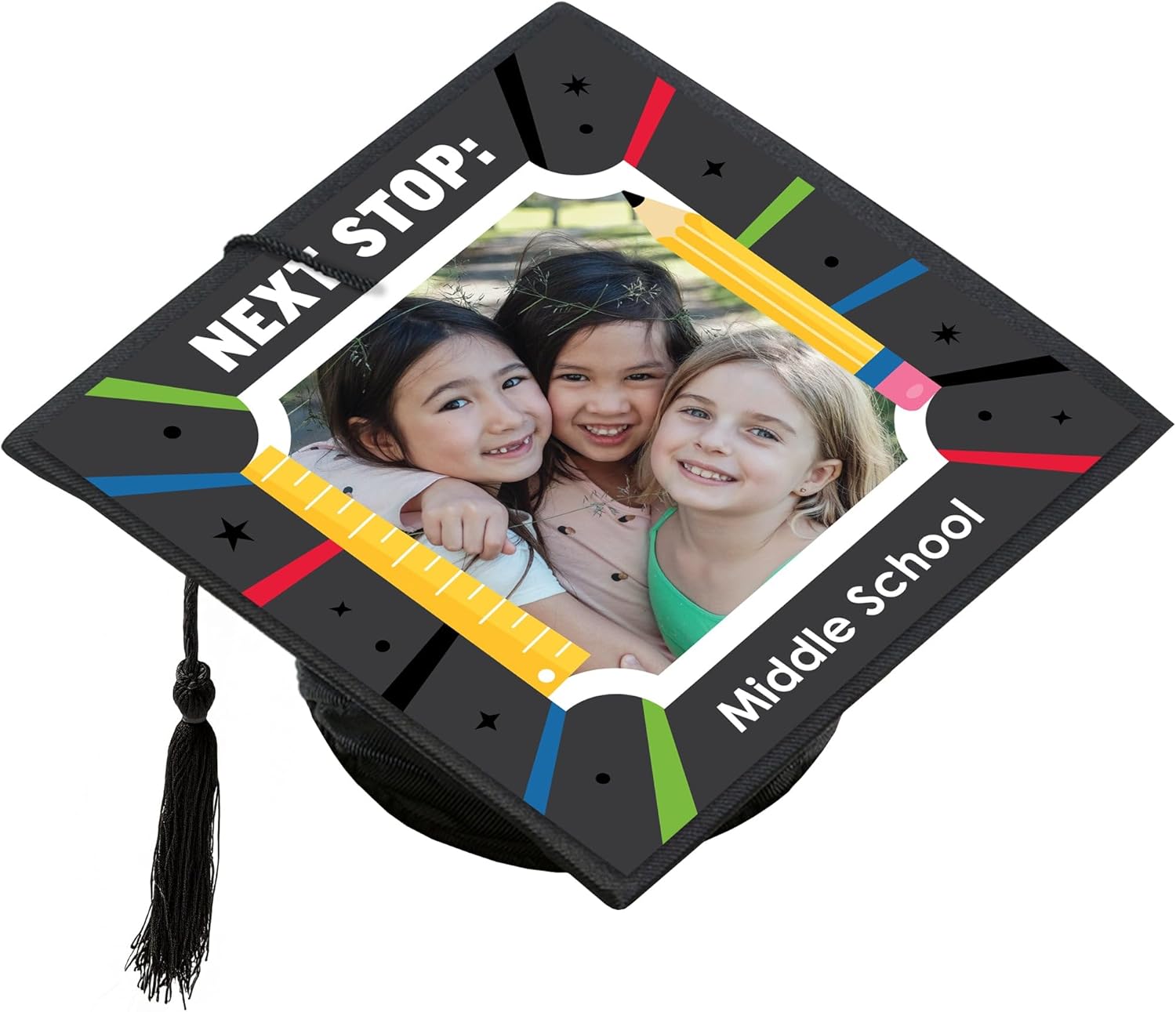 Big Dot of Happiness Custom Photo Elementary Grad Cap Cover, Personalized 5th Grade Graduation Cap Decorations Kit for Middle School Here I Come - 1 Count