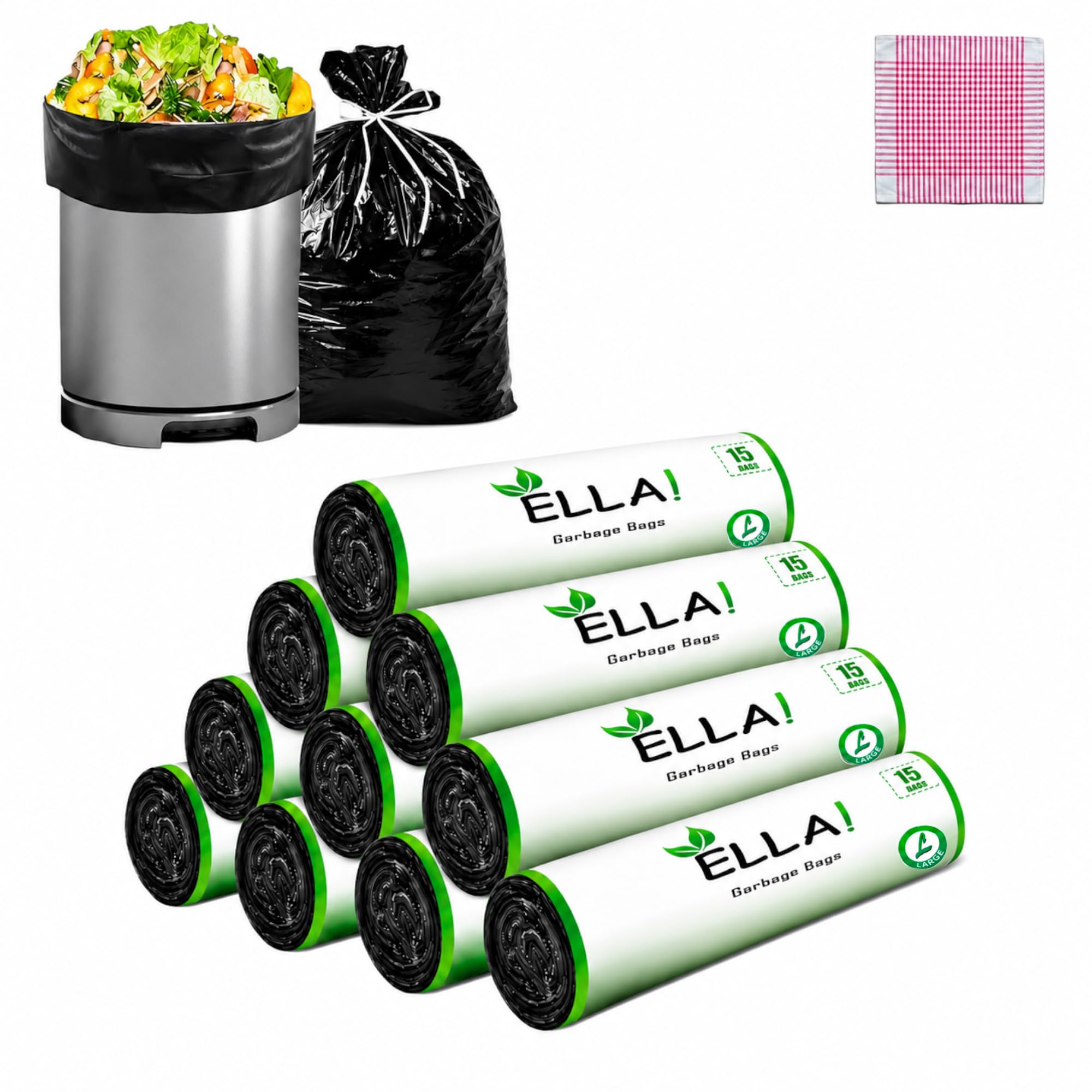 ELLA Garbage Bags 24×32 Inches | 150 Bags (10 Rolls × 15) | Black | Large | Durable Leak-Proof Dustbin Covers for Home, Kitchen, Bathroom & Office | Free Check Duster Cloth