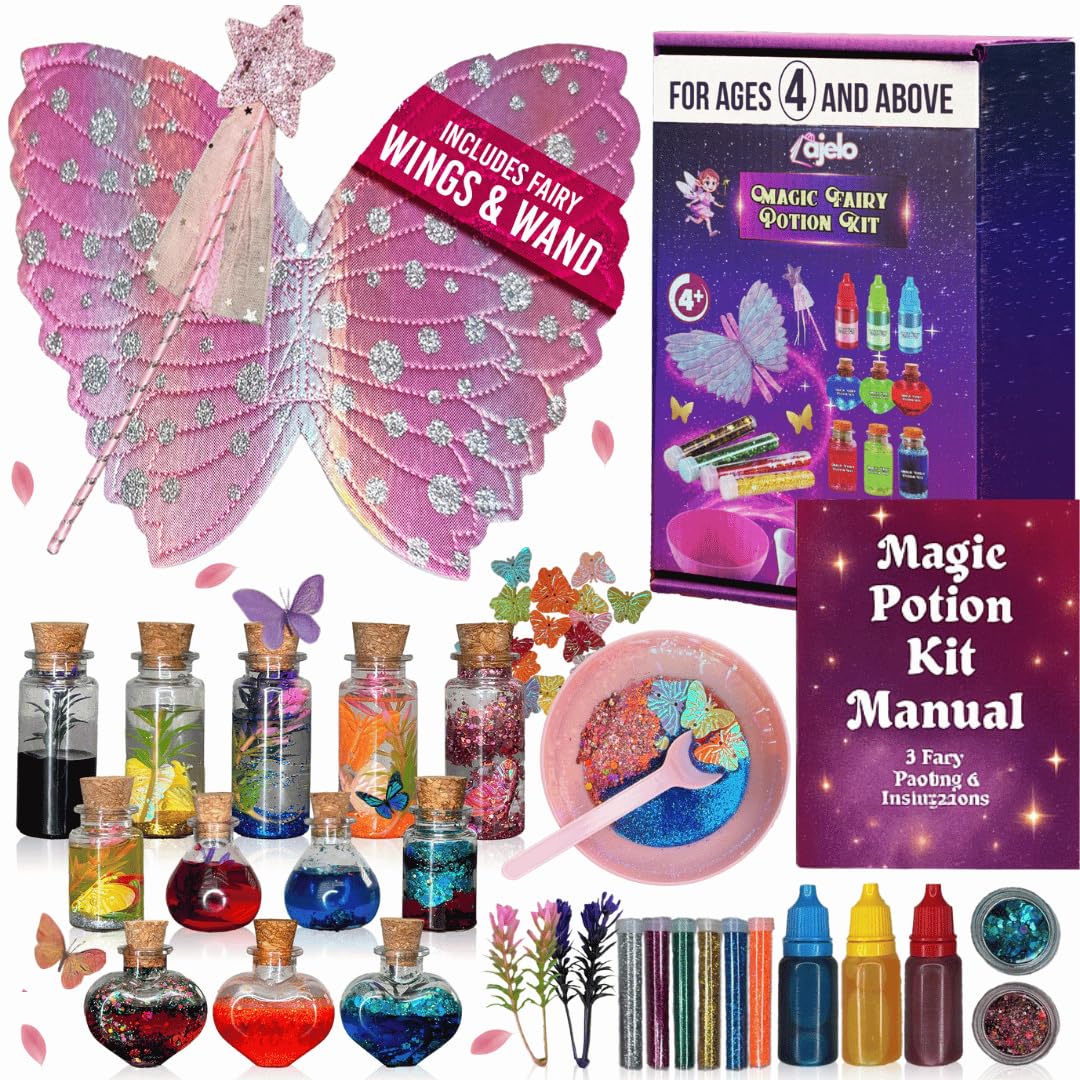 Ajelo Fairy Potions Kit for Kids Magic Set with Wings Wands, 15 Bottles, Halloween & Christmas Party DecorationsToys Girls & Boys Ages 4+ Years