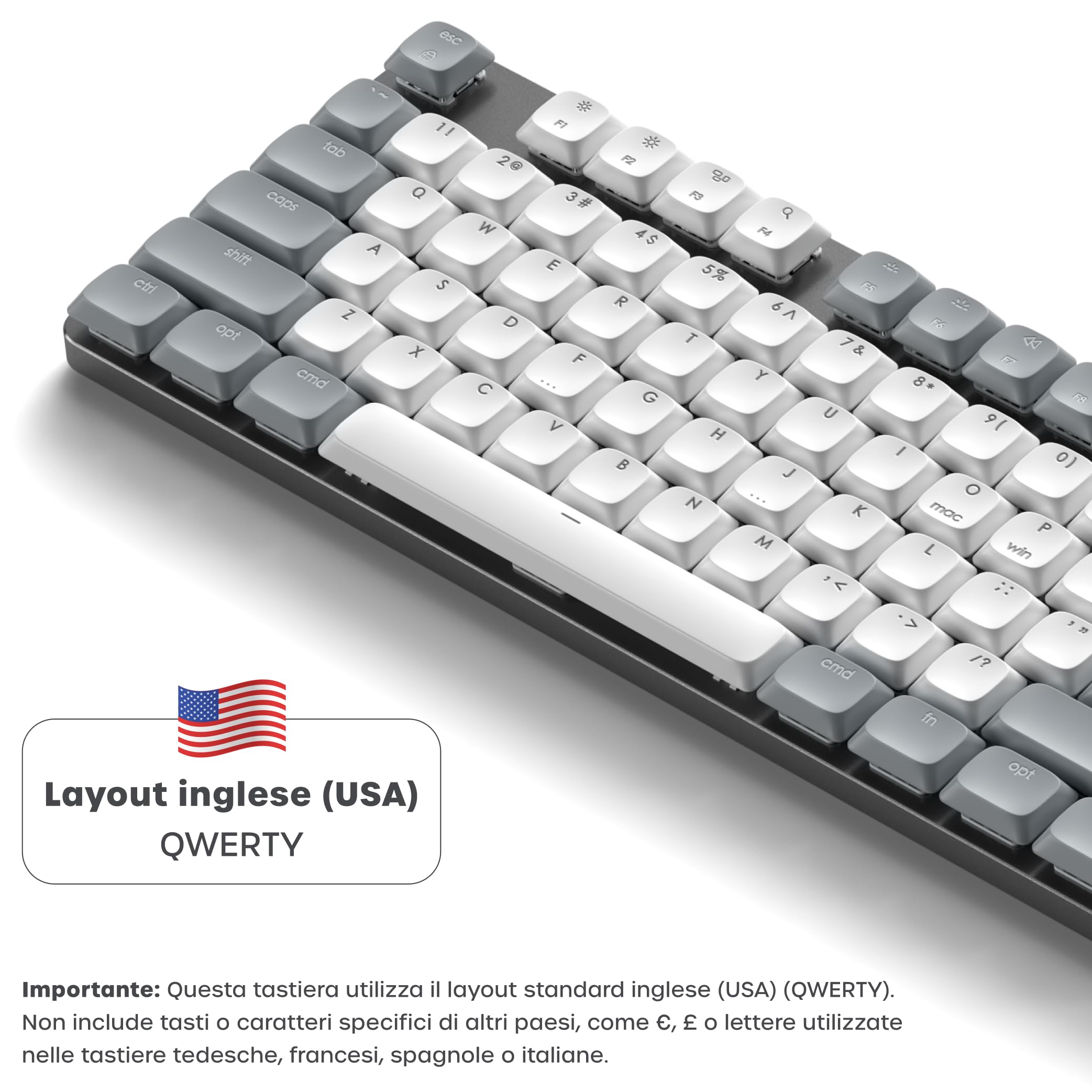 Satechi Tastiera Meccanica 75% SM3 𝗤𝗪𝗘𝗥𝗧𝗬 𝗨𝗦, Bluetooth, 108 Tasti, Retroilluminata e Ricaricabile, Ideale per Gaming, per Mac e Windows (Grigio Chiaro, Layout Americano)