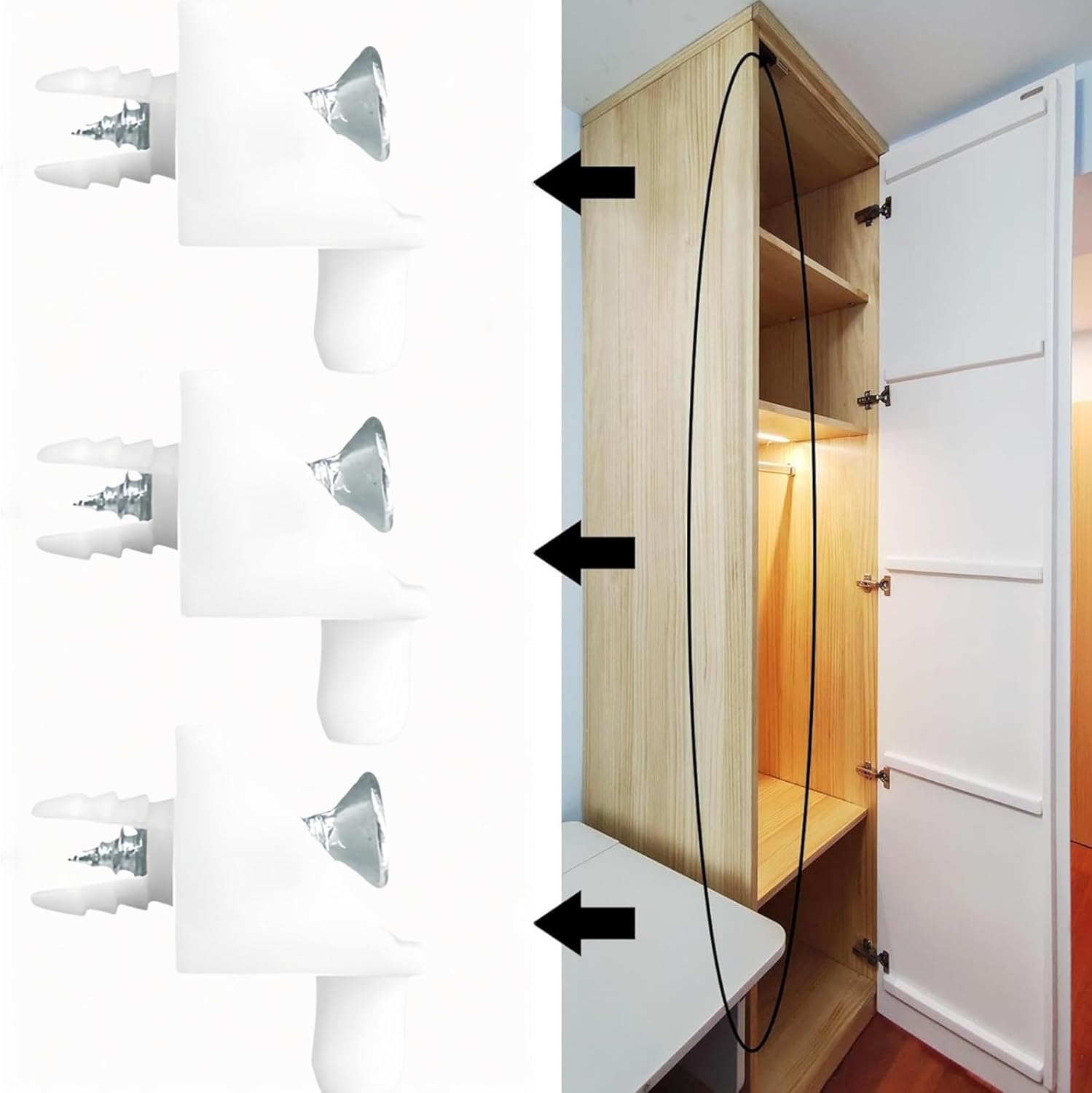 Shelf support pins being installed into a cabinet