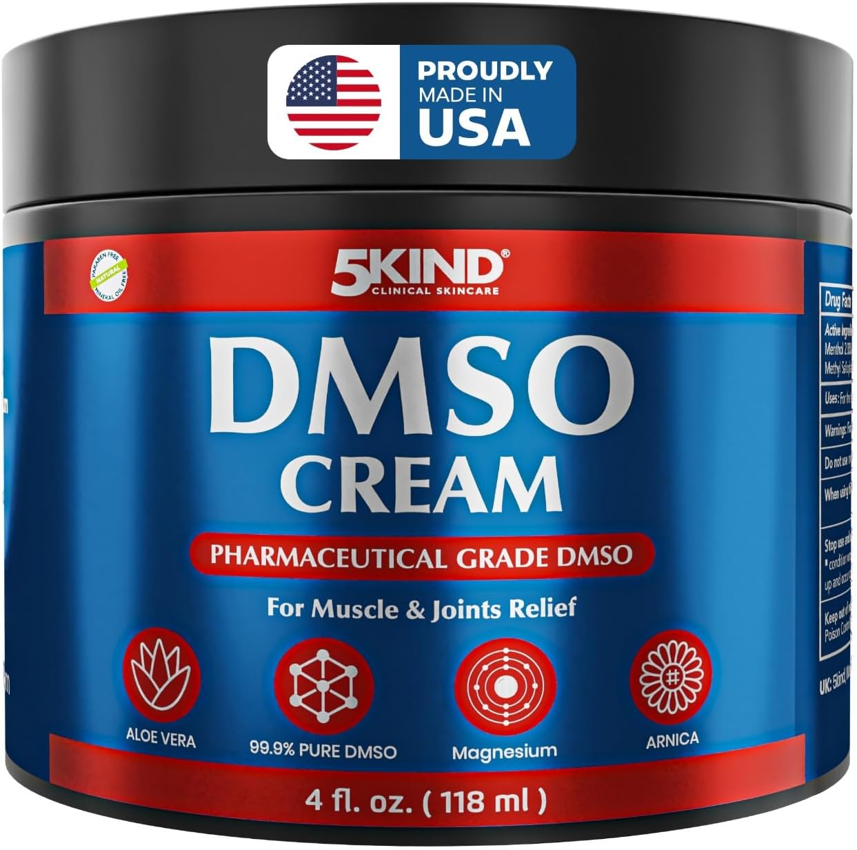 5Kind DMSO Cream for Pain Relief 4 fl oz - 99.9% Pure DMSO Pharmaceutical Grade Cream - Aloe Vera, Magnesium, Arnica & Menthol - Topical Muscle and Joint Pain Relief - Registered NDC - Made in USA