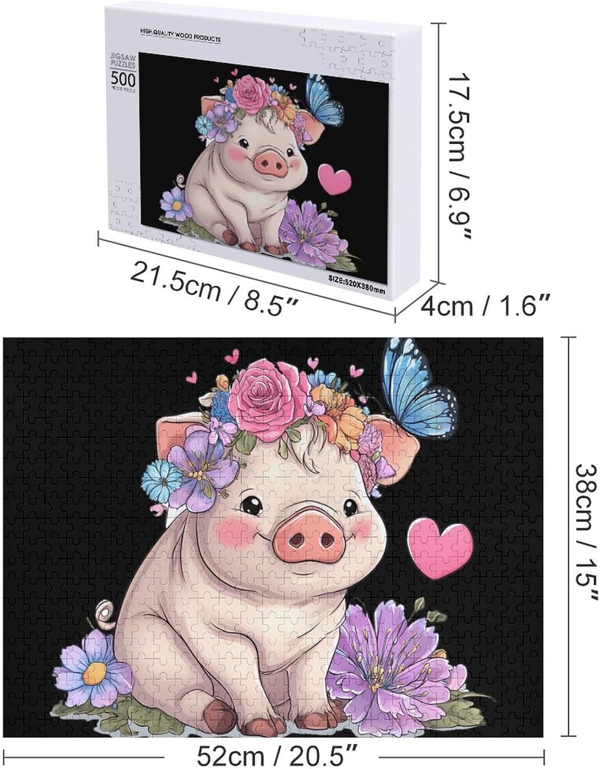 Cute Pigs Butterfly Heart Puzzles for Adults 500 PCS Wooden Jigsaw Puzzle Wall Decor Christmas