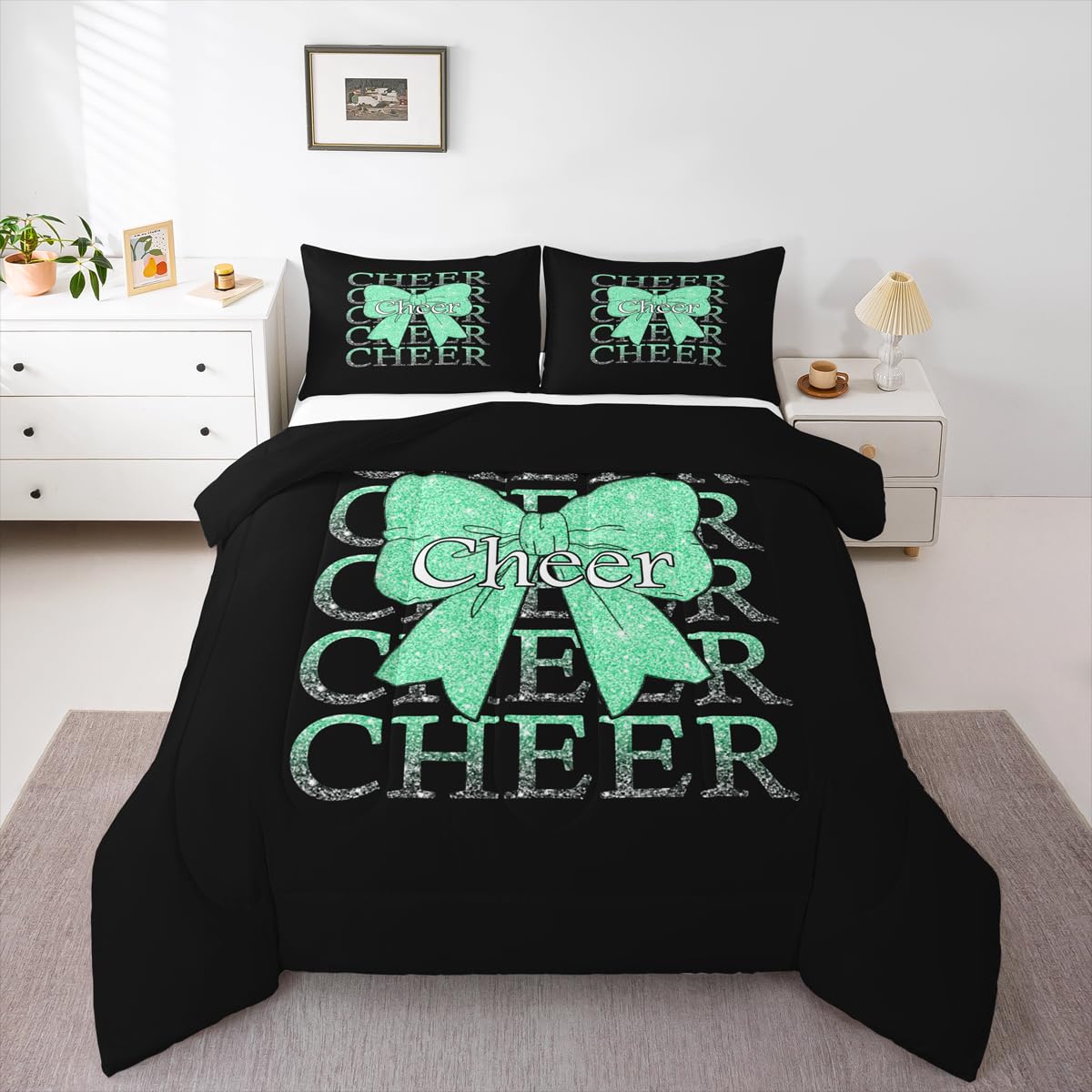 Feelyou Cheer Bow Kids Comforter Set Twin Size Cheerleading Bedding Set Funny Sport Duvet Quilt for Kids Boys Girls Bedroom Green Decor Microfiber Ultra Soft Breathable