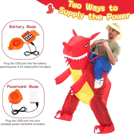 YEAHBBER インフレータブルコスチューム 恐竜コスチューム、インフレータブル恐竜コスチューム、T-Rex ファンシードレス ハロウィンブローアップコスチューム, 大人-赤い恐竜, One Size