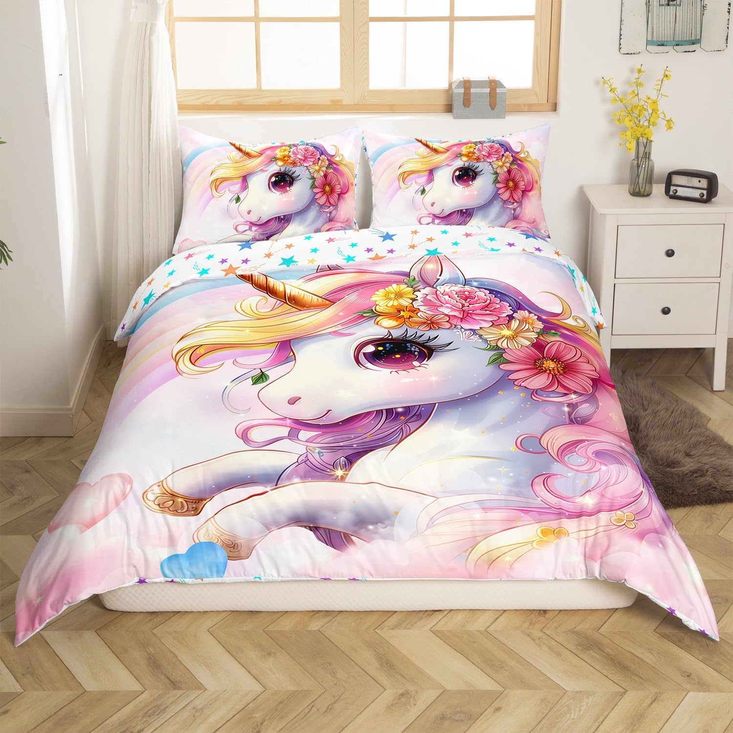 Erosebridal Unicorn Kids Bedding Sets Toddler 2 Pcs, Rainbow Unicorn Duvet Cover for Girls Princess Bedroom Decor Comforter Cover, Cute Cartoon Animal Bedspread Cover Purple Gradient Beddings
