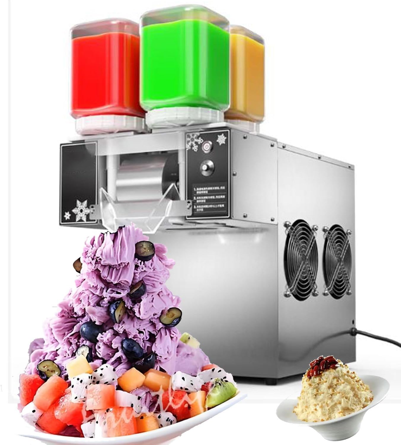 with Rainbow Four-Barrel Shaved Ice Machine,Stainless Steel Snowflake Ice Machine,Ice Cream Refrigeration Equipment,Ice Crush Machine,for Commercial/Home 124FD