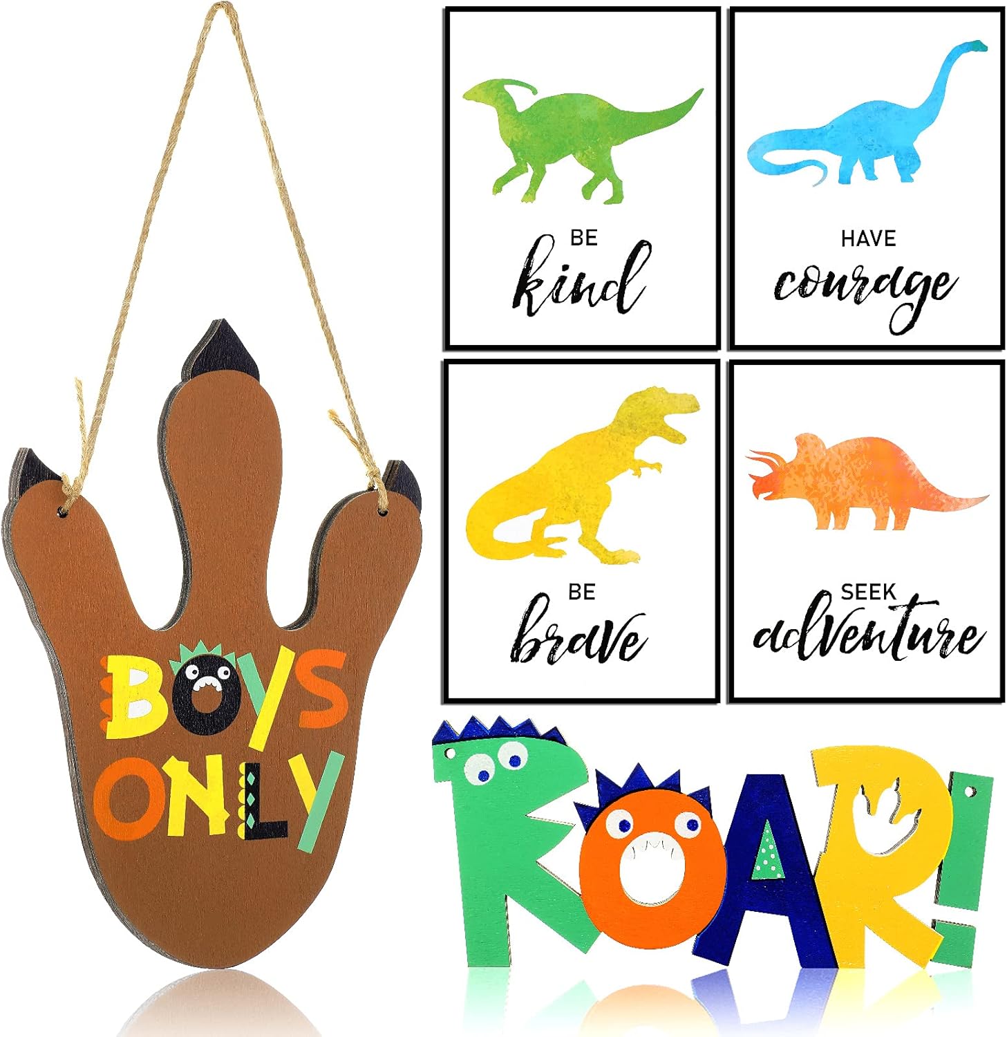6 Pcs Dinosaur Room Decor Boys Dinosaur Wall Art Include 2 Dinosaur Paw Wooden