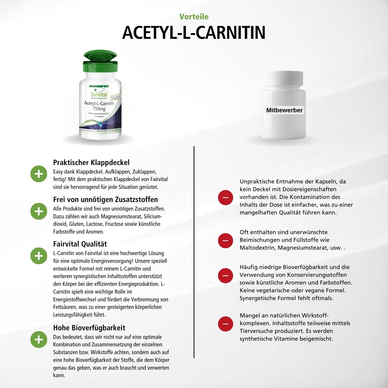 fairvital Acetyl-L-Carnitin hochdosiert, 750mg, HOCHDOSIERT, VEGAN, 120 Kapseln