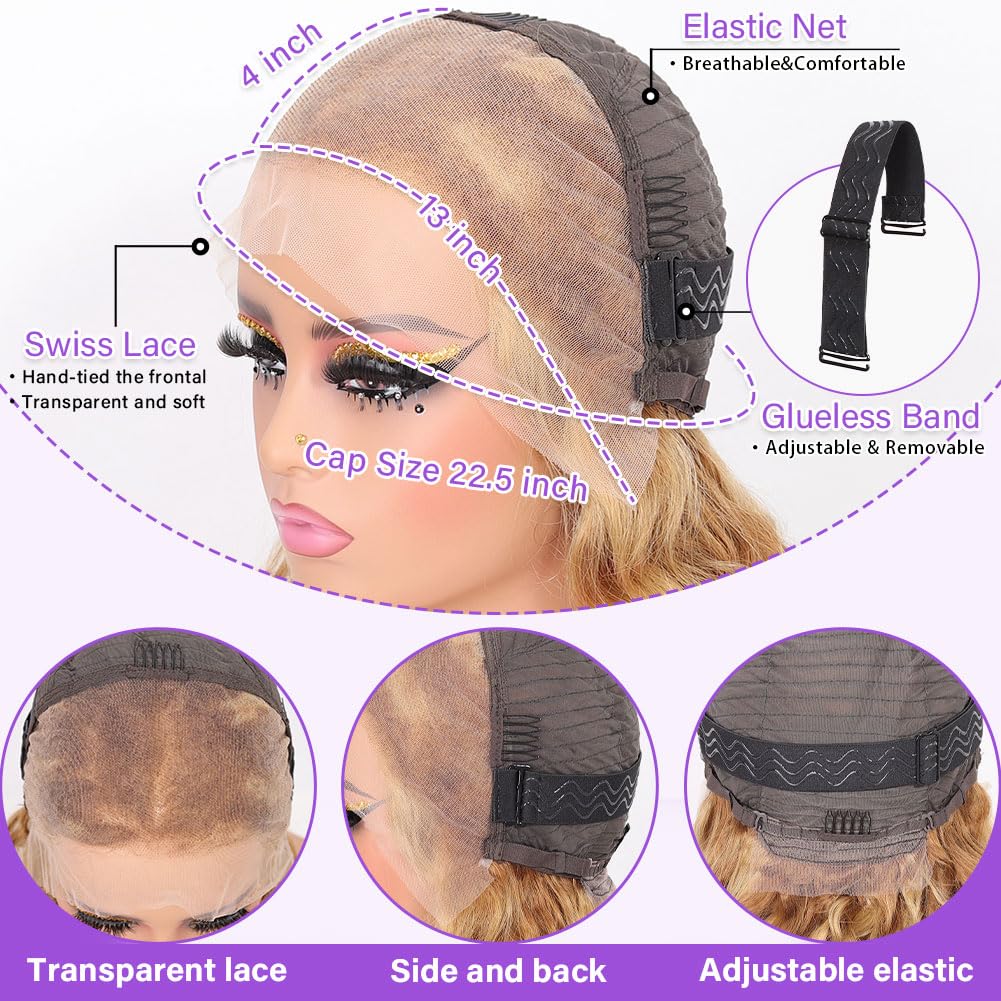 Highlight Bob Wig Human Hair 13x4 Hd Lace Front Wigs Human Hair Pre Plucked Body Wave Wigs Human Hair 180% Density Ombre Lace Frontal Wigs For Black Women Glueless Wig (14 Inch,Brown Blonde)