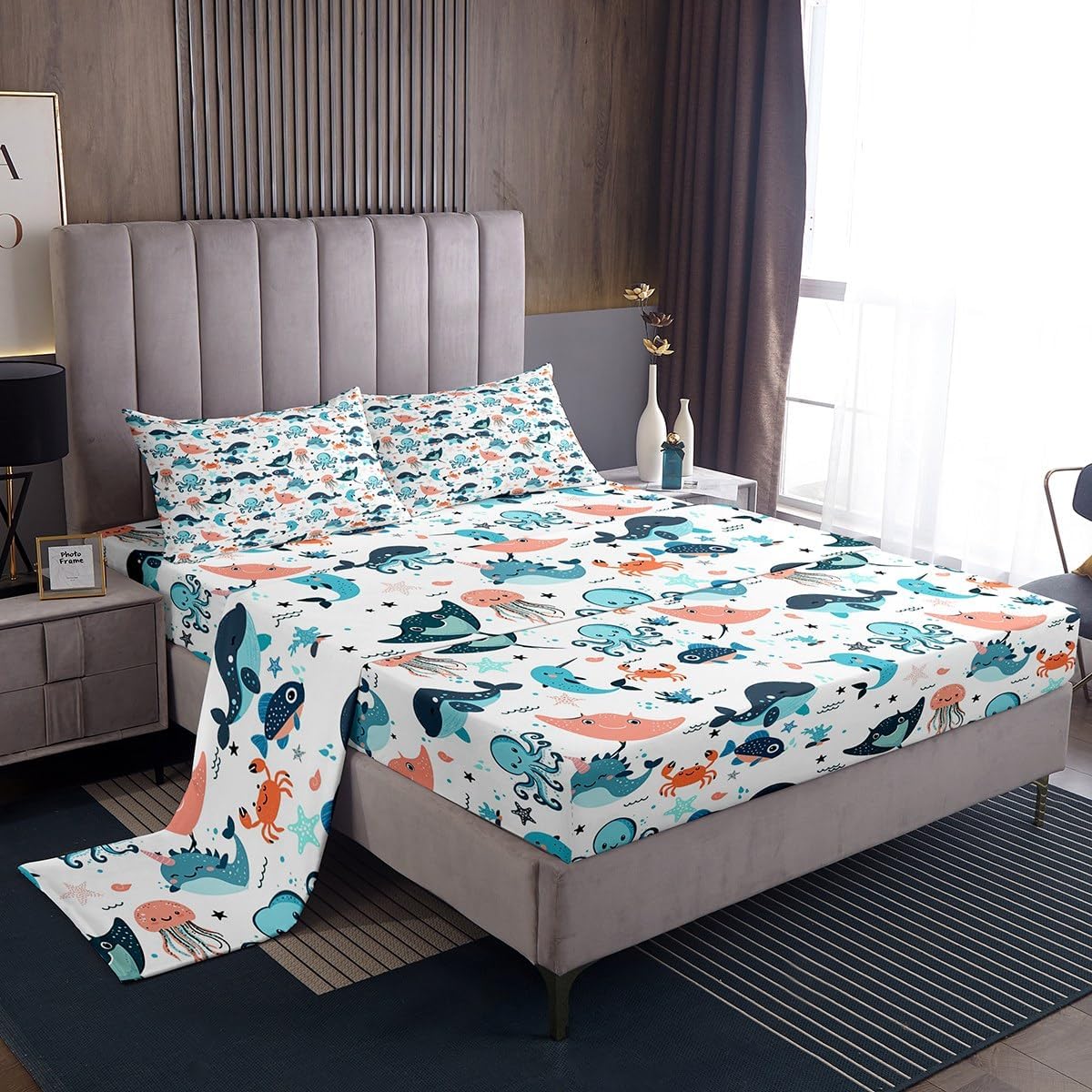 Cute Whale Bed Sheets Full Size, Kids Kawaii Cartoon Octopus Sheet Set, Jellyfish Shell Starfish Crab Fitted Sheet For Little Boys Girls, Ocean Beach Sea Animals Bedding Set With Kawaii Flat Sheet
