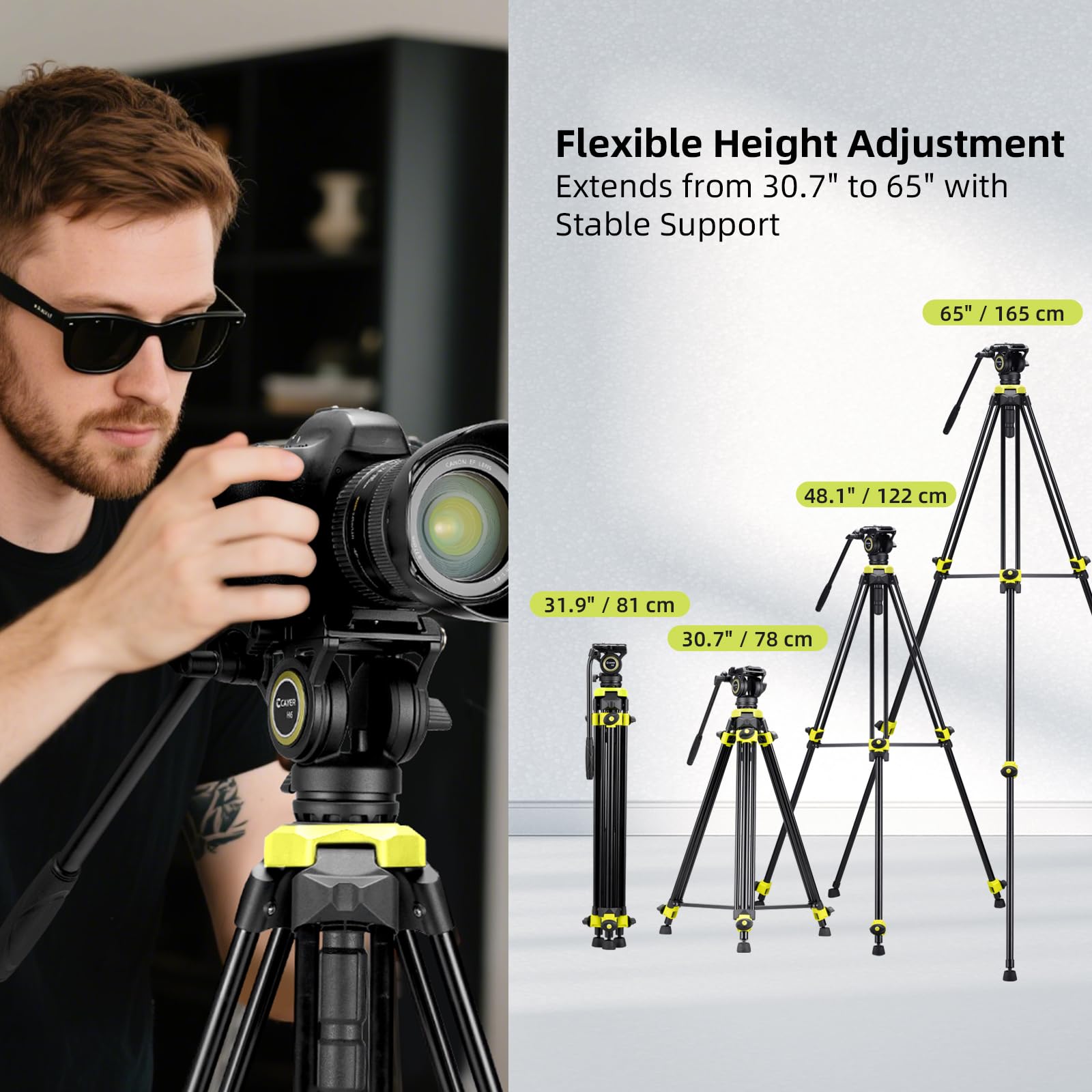 Cayer BV01 Treppiede Video Compatto con Testa Fluid - Treppiede Professionale 165 cm con, Treppiede da Viaggio Leggero in Alluminio, Carico Massimo 6 kg per DSLR, Camcorder, Fotocamera