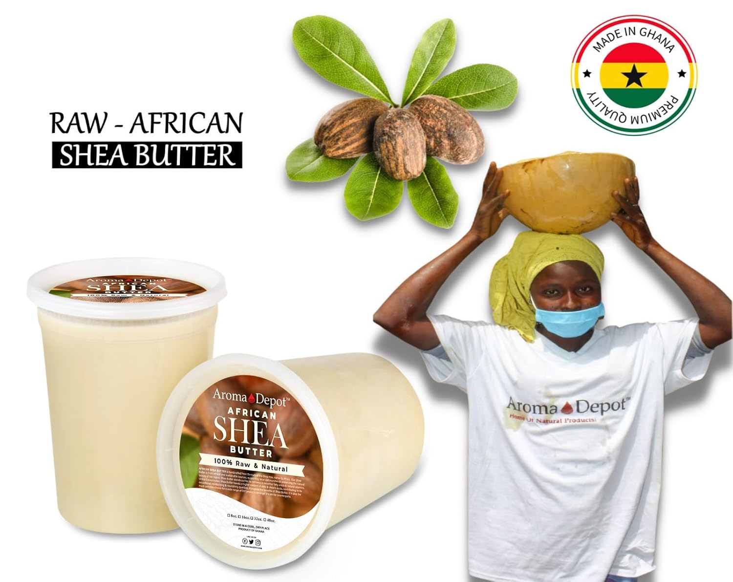 Raw African Shea Butter 2 lb Jar Ivory/White Grade A 100% Natural & Pure. Fresh Moisturizing, Ideal for Dry and Cracked Skin. Can be use in Body, Hair and Face. Imported from GHANA.
