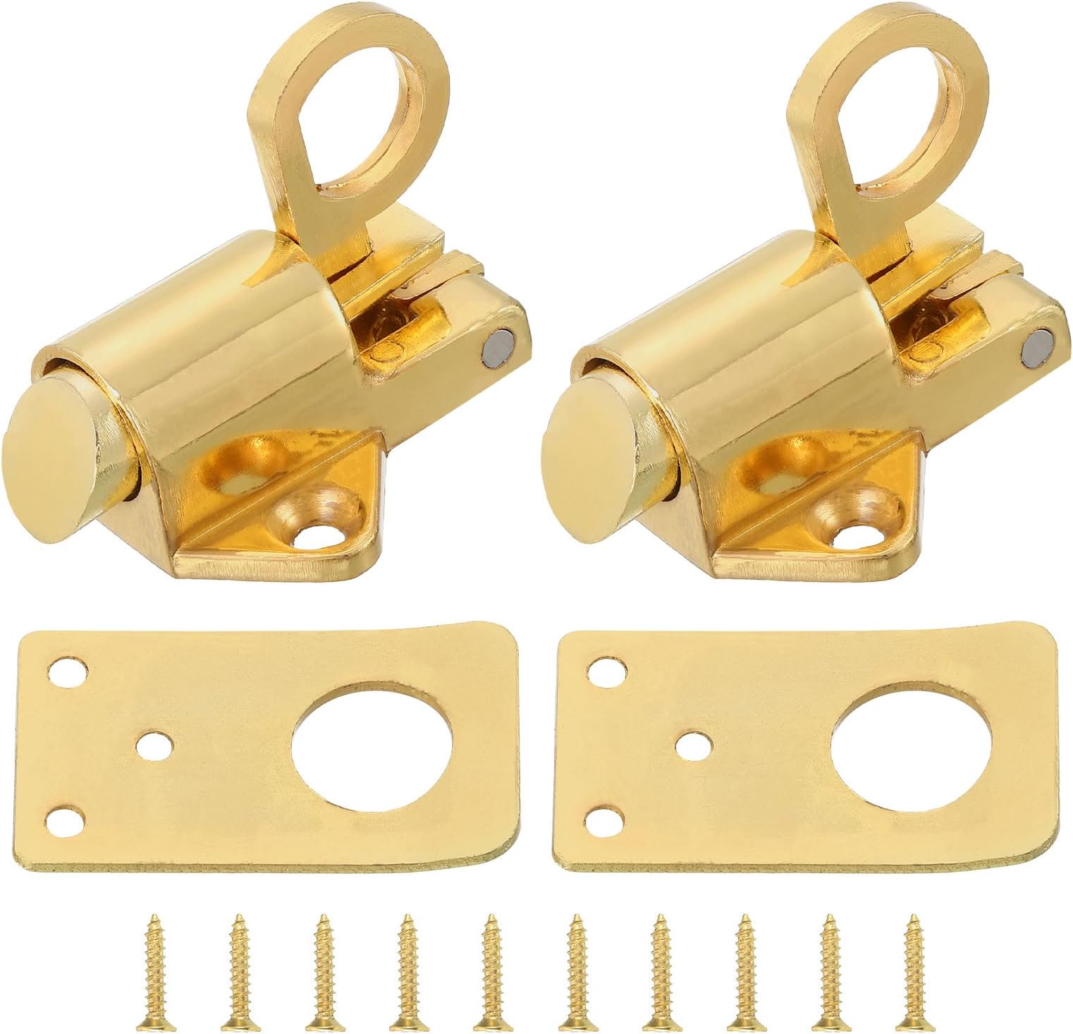 uxcell 2Pcs Spring Bounce Lock, Security Pull Ring Spring Bounce Door Bolt Zinc Alloy Automatic Door Bolt Latch for Gate Window Bedroom Toilet Shed, Gold