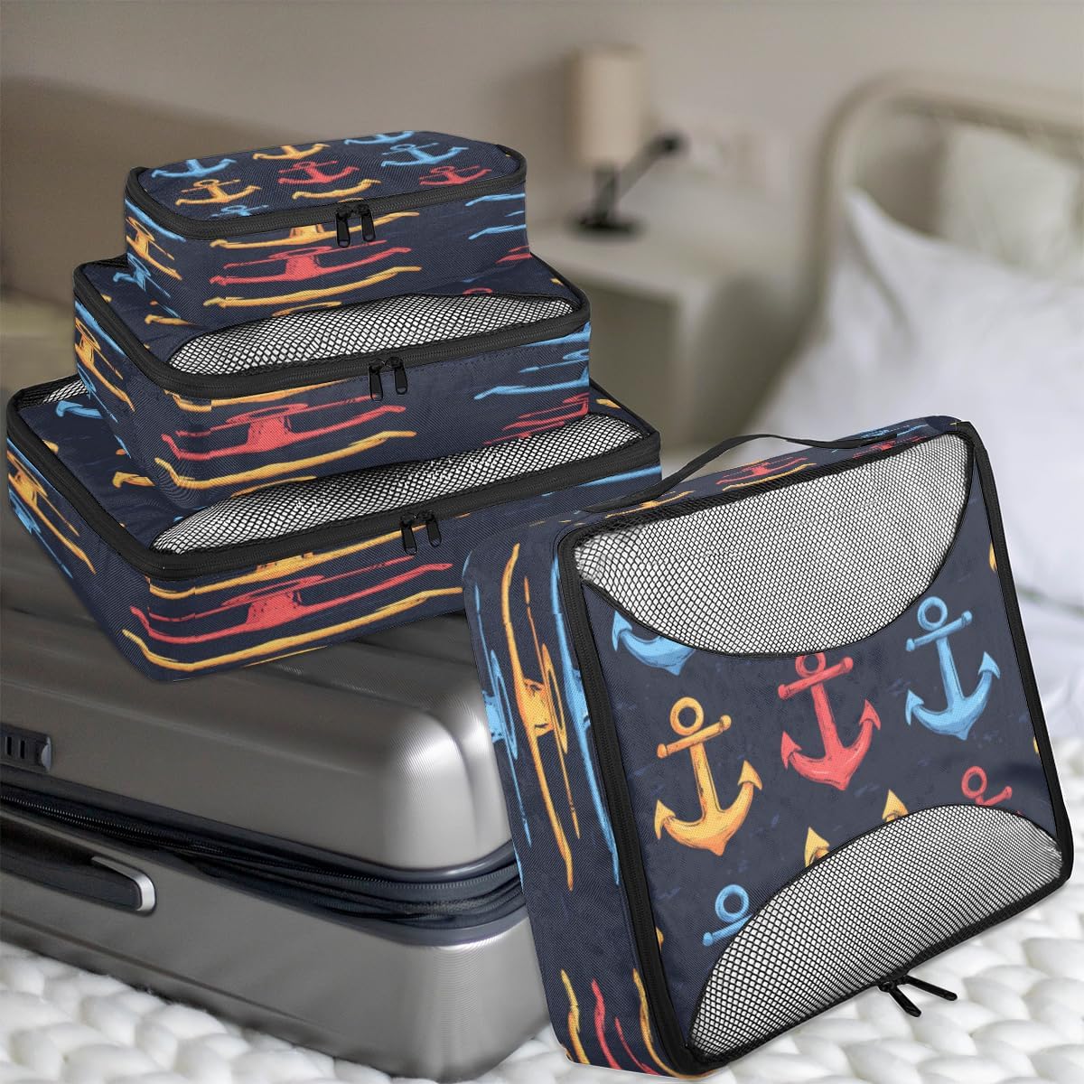 Color Anchor Pattern 4 Set Packing Cubes Packing Cubes for Women Lightweight Travel Essential Bag Clothes Carry on Suitcase Bags for Accessories Essentials