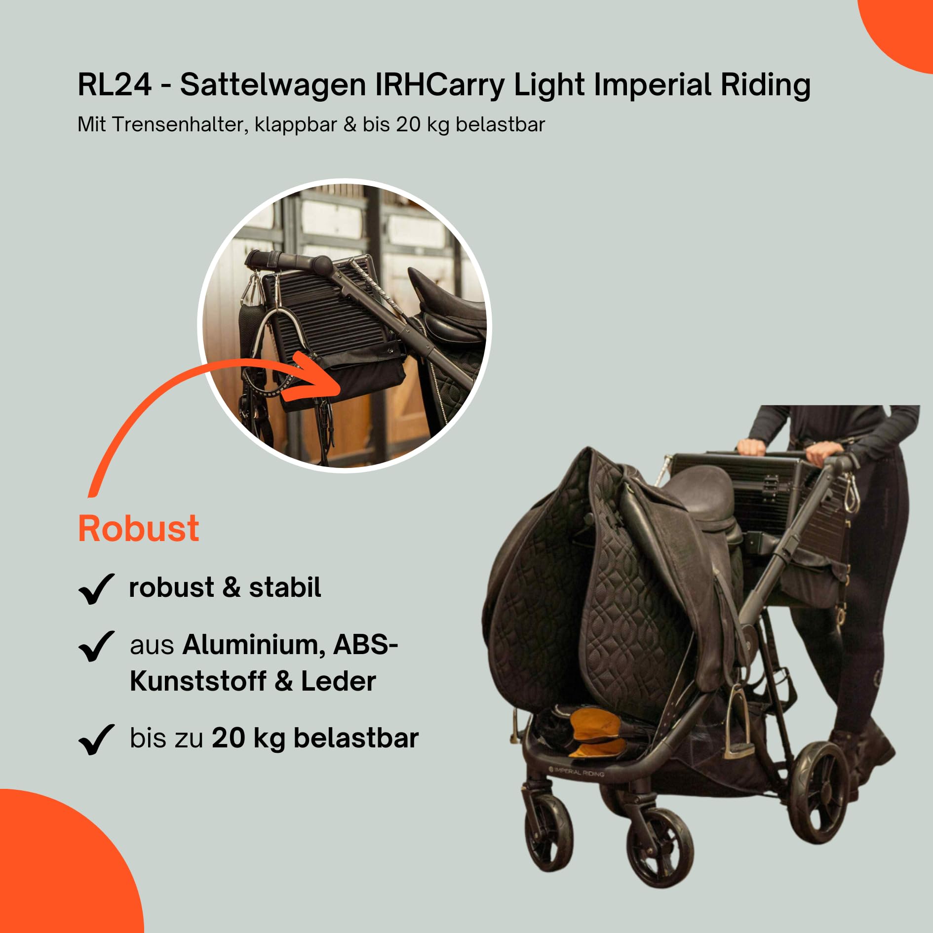 RL24 - Sattelwagen IRHCarry Light Imperial Riding mit Trensenhalter & Geländeräder – klappbar & bis 20 kg belastbar – Sattelhalter & Korb sind abnehmbar – Gun Metal Metallic – Stallzubehör