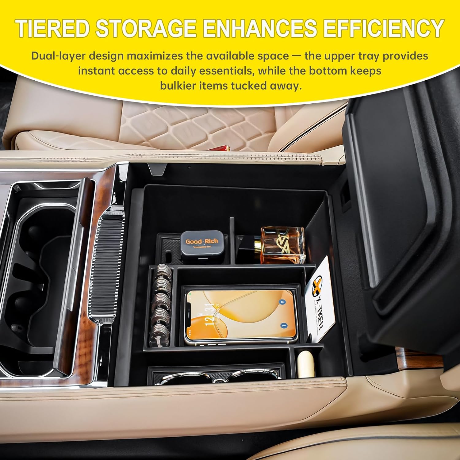 Center Console Organizer Tray Compatible with 2022-2025 Jeep Wagoneer/L & Select Grand Wagoneer/L Accessories, Armrest Storage Box ABS Console Insert Compartment (NOT For Wagoneer S)