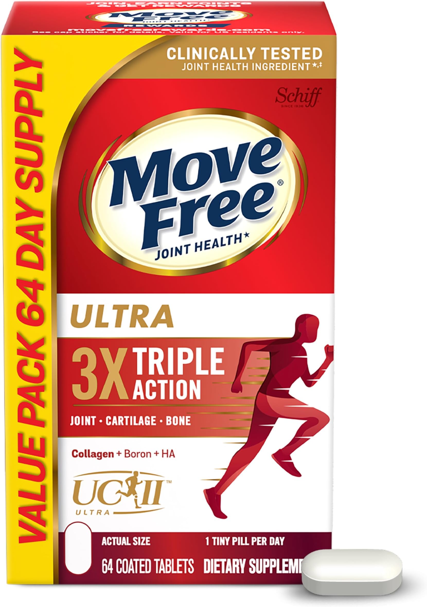 Ultra Triple Action Joint Support Supplement - Type II Collagen Boron & Hyaluronic Acid - Supports Joint Comfort, Cartiliage & Bones in 1 Tiny Pill Per Day, 64 Tablets (64 servings)*
