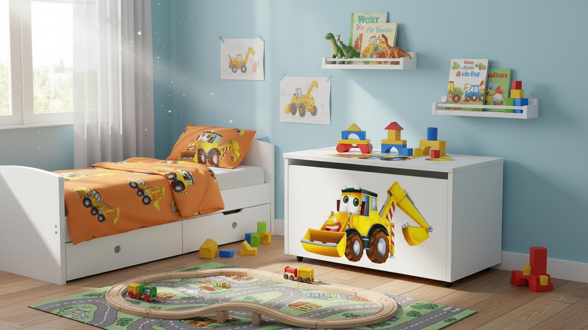 Skrzynia na zabawki 2w1 drewniana z siedziskiem na kółkach 91L kufer dla dzieci pojemnik organizer do pokoju dziecka MDF bezpieczne zamykanie kolorowy nadruk 71×40×46 cm (Koparka)