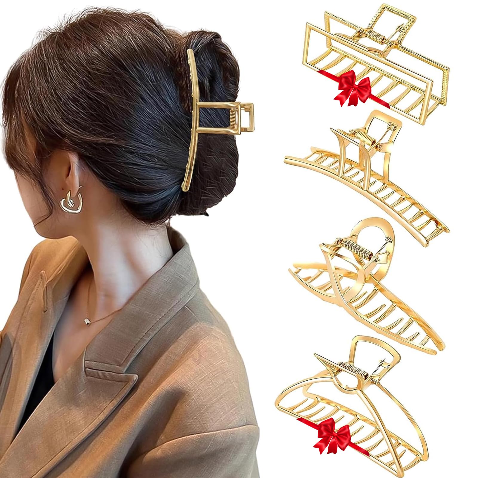 4 Pack Large Gold Hair Claw Clips for Women Thick Hair, French Design Metal Cross Banana Non-Slip Hair Catch Barrette Jaw Clamp Clips for Women and Girls Valentine's Gift