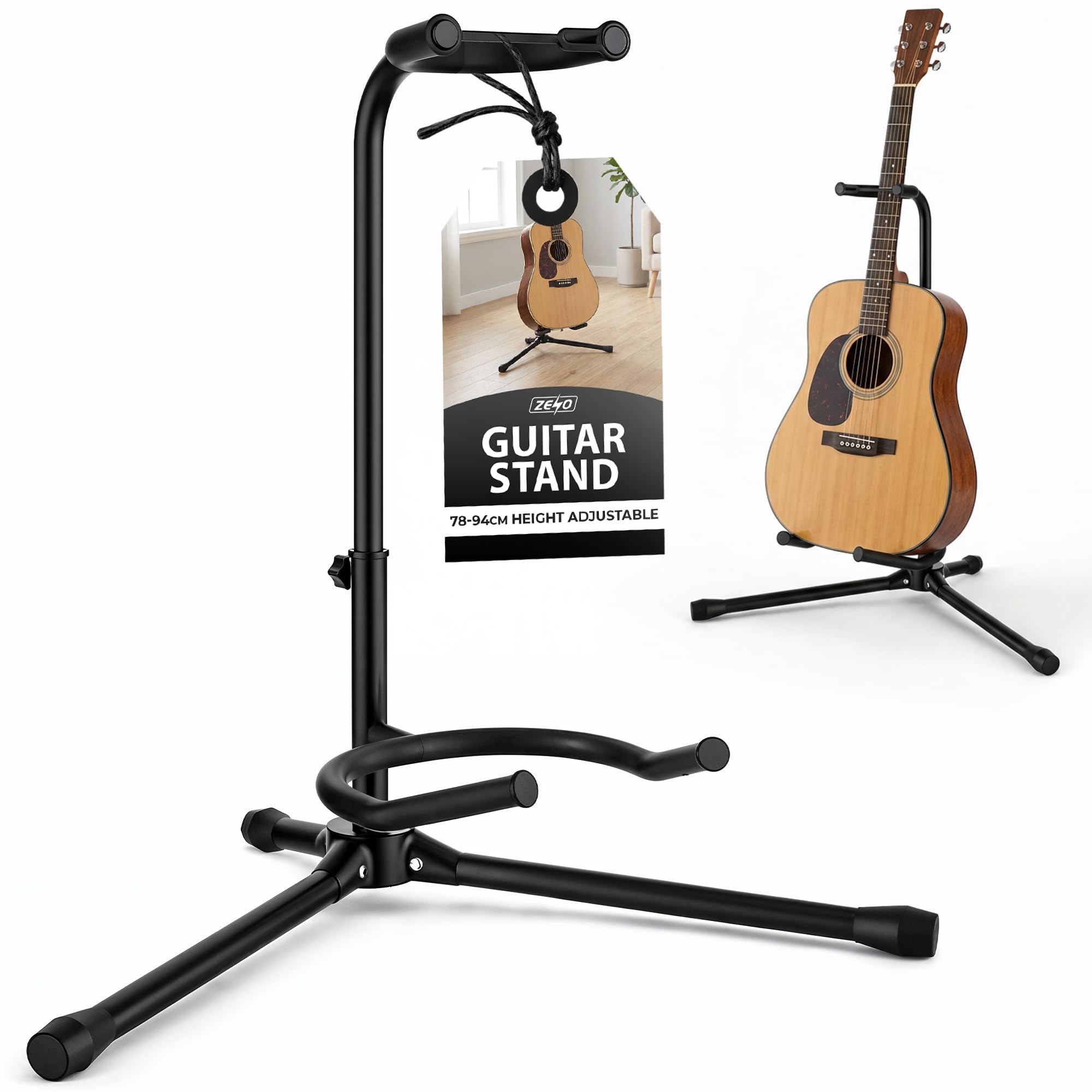 ZENO Guitar Stand | Foldable Floor Universal Stand with Automatic Gravity Locking Tripod | Height Adjustable Suitable for Classical Acoustic Electric Guitars | Black