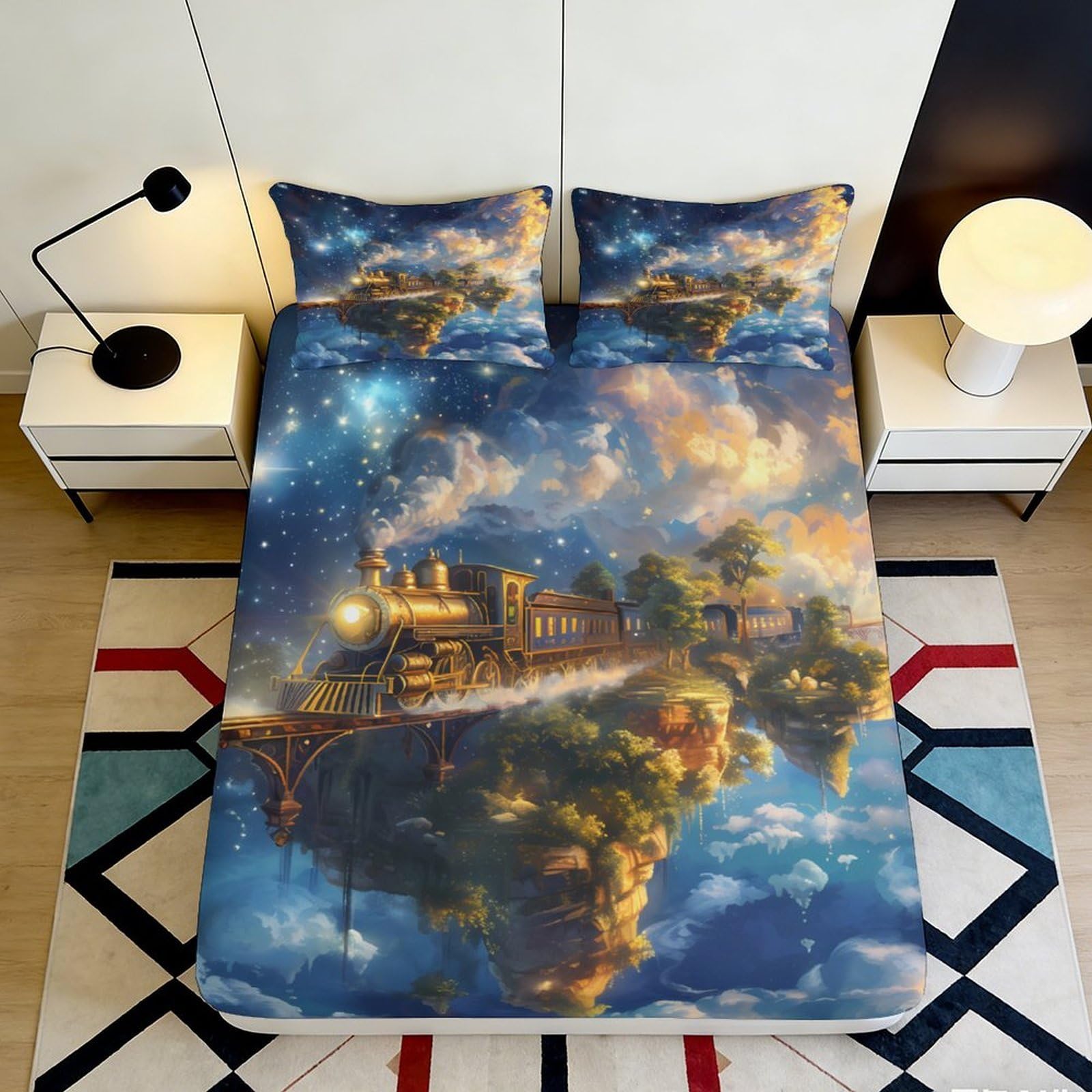 3D Printed Floating Island Train Fitted Sheet Microfiber Soft Breathable Starry Sky Mattress Cover for Bedroom Dormitory Guest Room Protection Decor 160x200x25cm