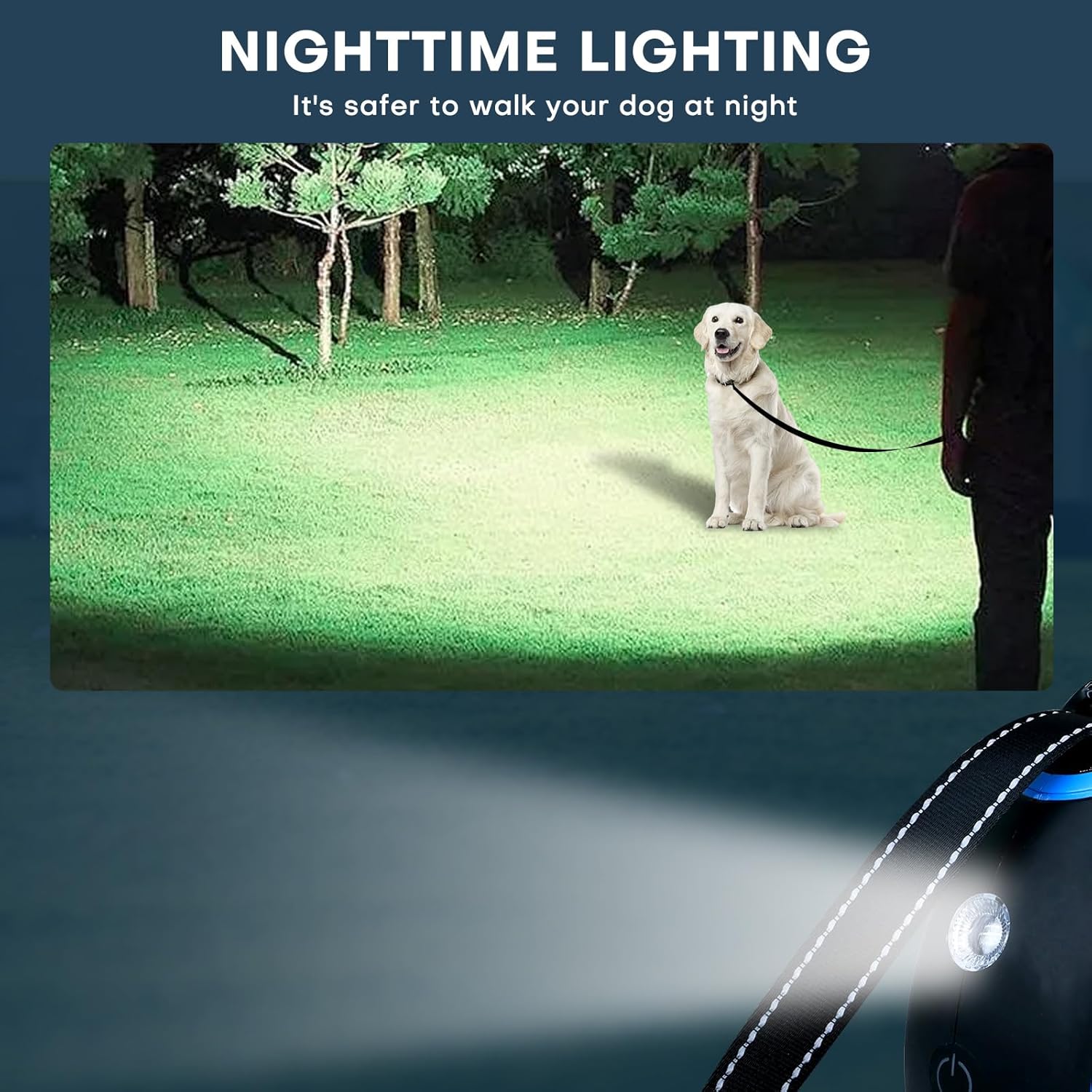 Retractable Leash with chew-Proof Cable and LED Flashlight for Small Medium and Large Dogs up to 110 lbs, 16 ft. Heavy-Duty Leash, 360° Tangle-Free(LED+Blue, 16Ft)