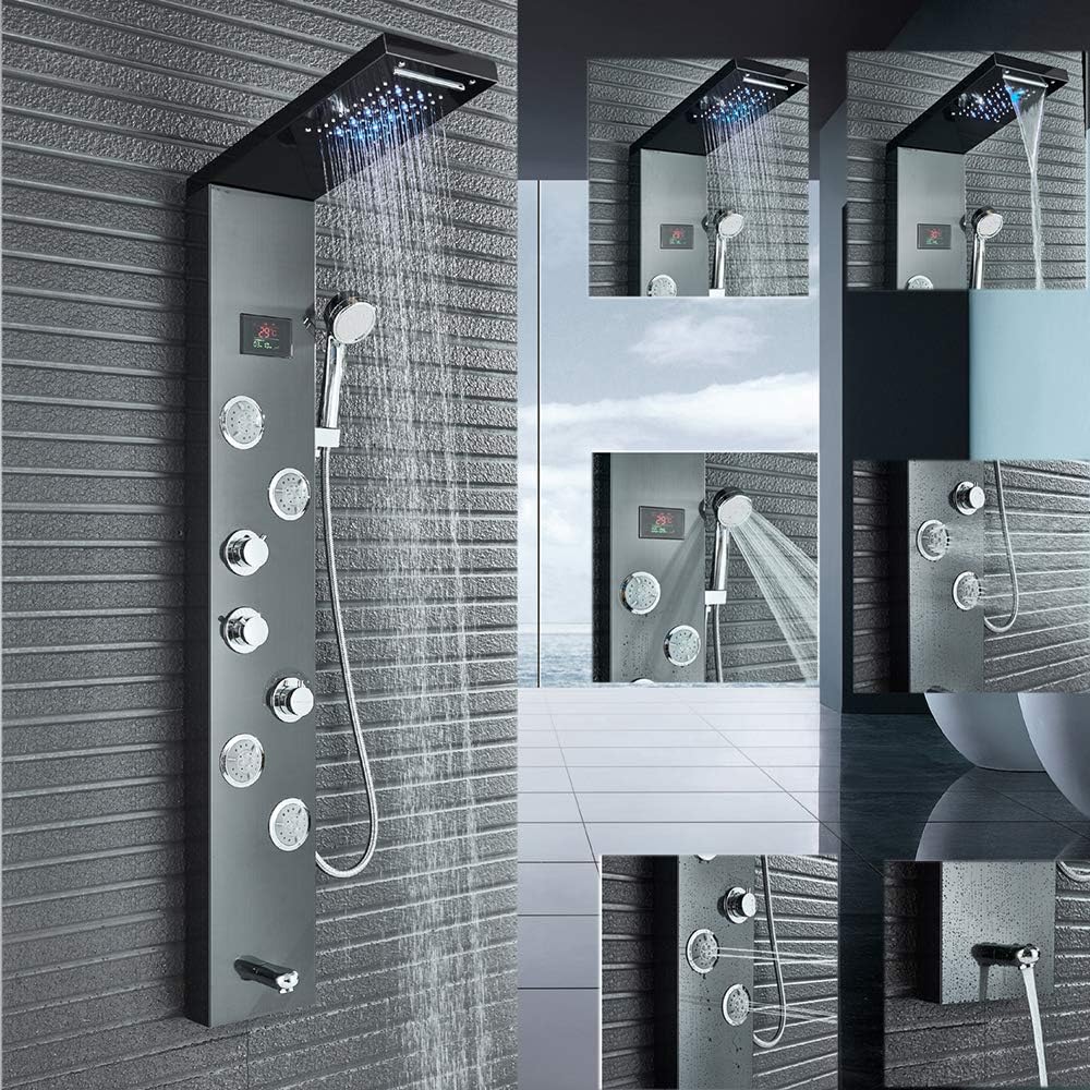 Bathroom Wall Mounted Multi-Function Shower Panel Tower System with LED Waterfall/Rainfall Shower Head Massage Jets Tub Spout Handheld Hand Shower Split Shower Towel Oil Rubbed Bronze Finsih