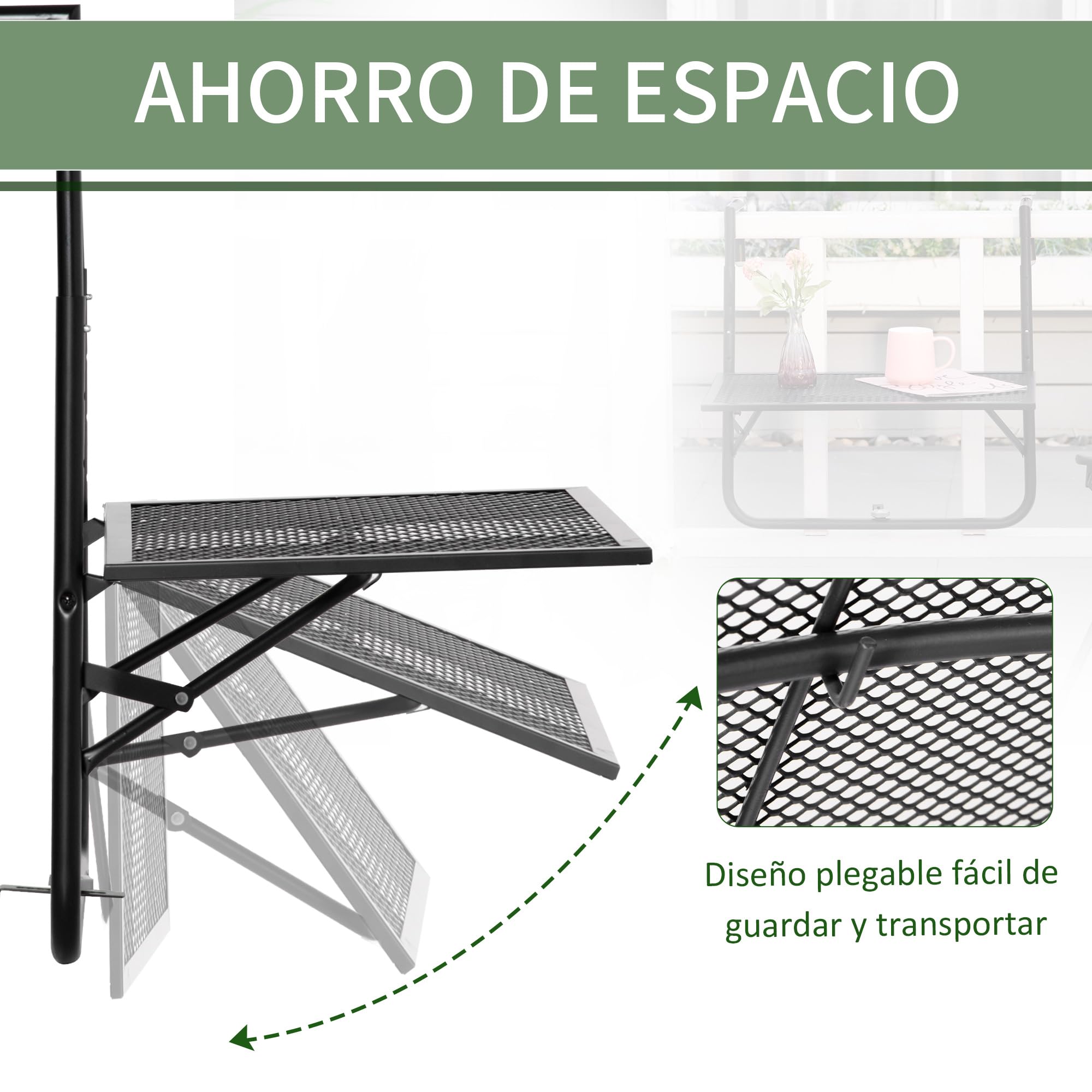 Outsunny Mesa Colgante de Balcón Plegable 60x60x57-72 cm Negro | De Metal para Barandilla, Altura Ajustable en 4 Niveles, Carga 10 kg, Terraza Jardín Exterior
