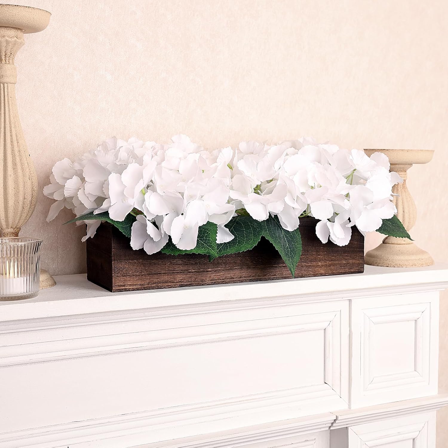 Flower Table Centerpiece, Fake Hydrangea Arrangements Centerpieces Artificial Flowers Decor Wood Tray with Faux Flower Wedding Bouquets Room Kitchen Farmhouse Indoor Office Party(White) - Image 5