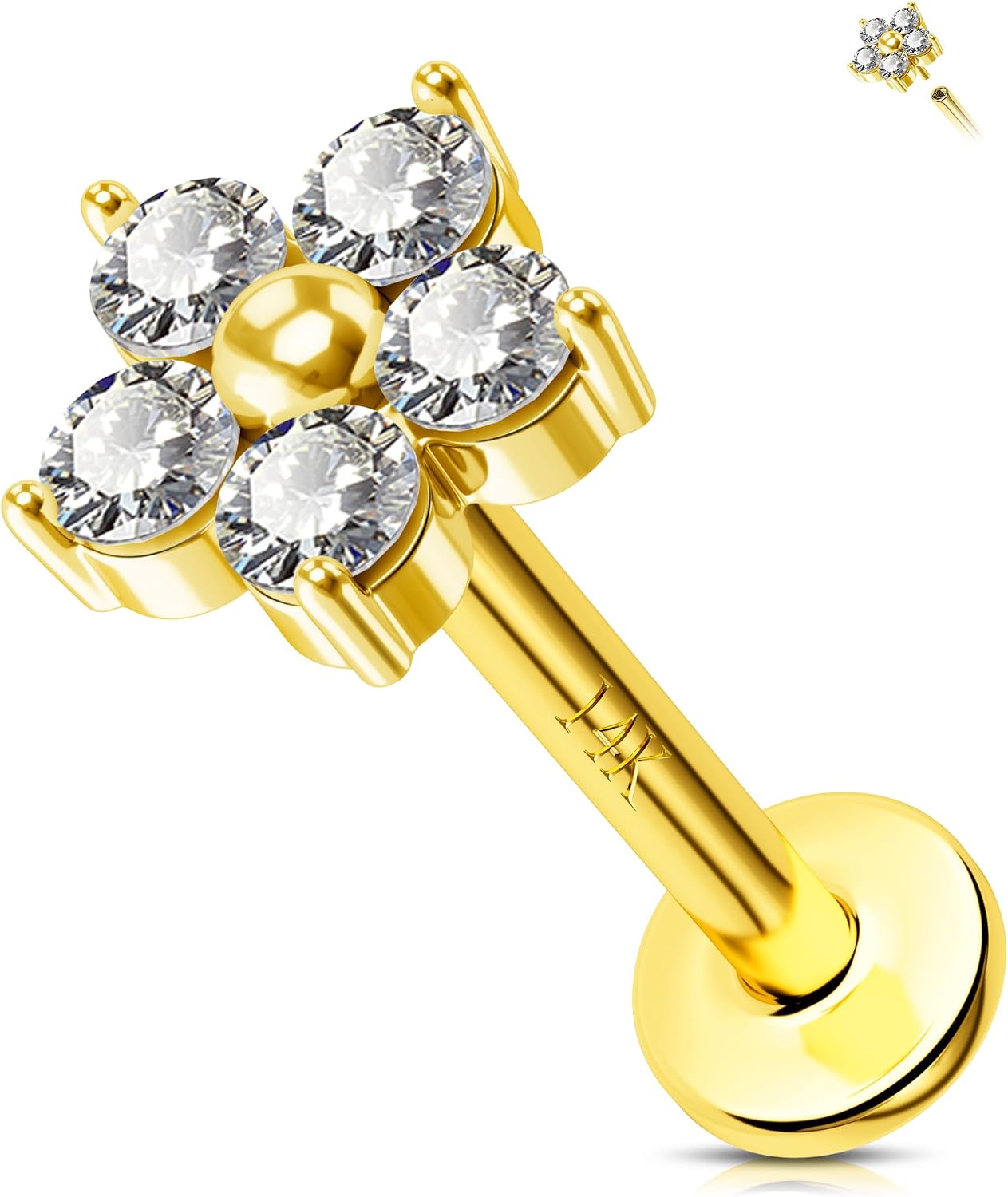 Jewseen 14K Real Solid Gold Flat Back Stud Earring 16G 8mm Internally Threaded Fine Piercing Jewelry for Helix Tragus Lobe Lip