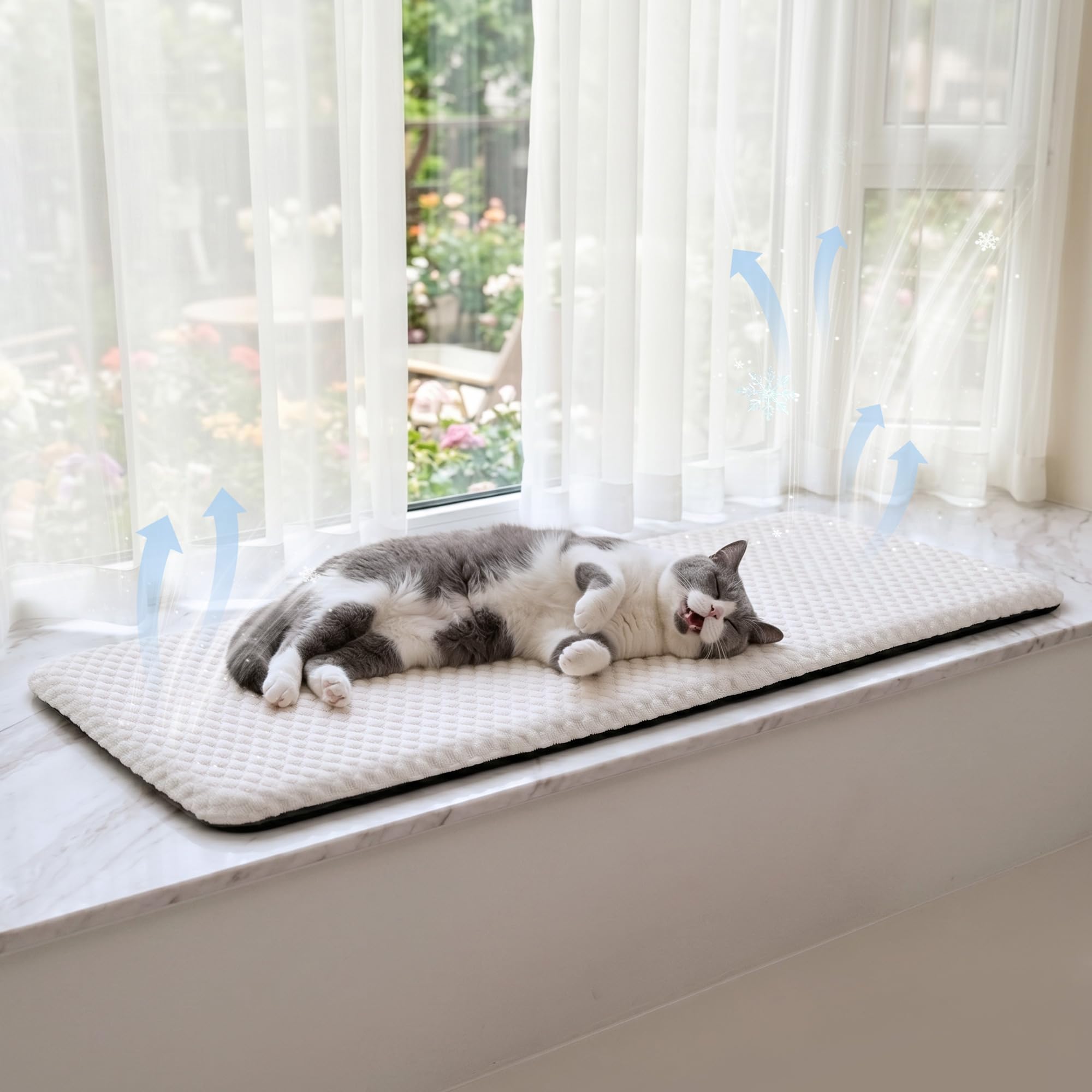 Pet Prime Katzen Fensterliege – Katzenbett Flauschig Fensterbank Liegeplatz mit Rutschfester Unterseite, Leises Kissen, 2 Abnehmbare Bezüge (Netz & Plüsch), 90x29 cm für Gemütliches Sonnen & Schlafen