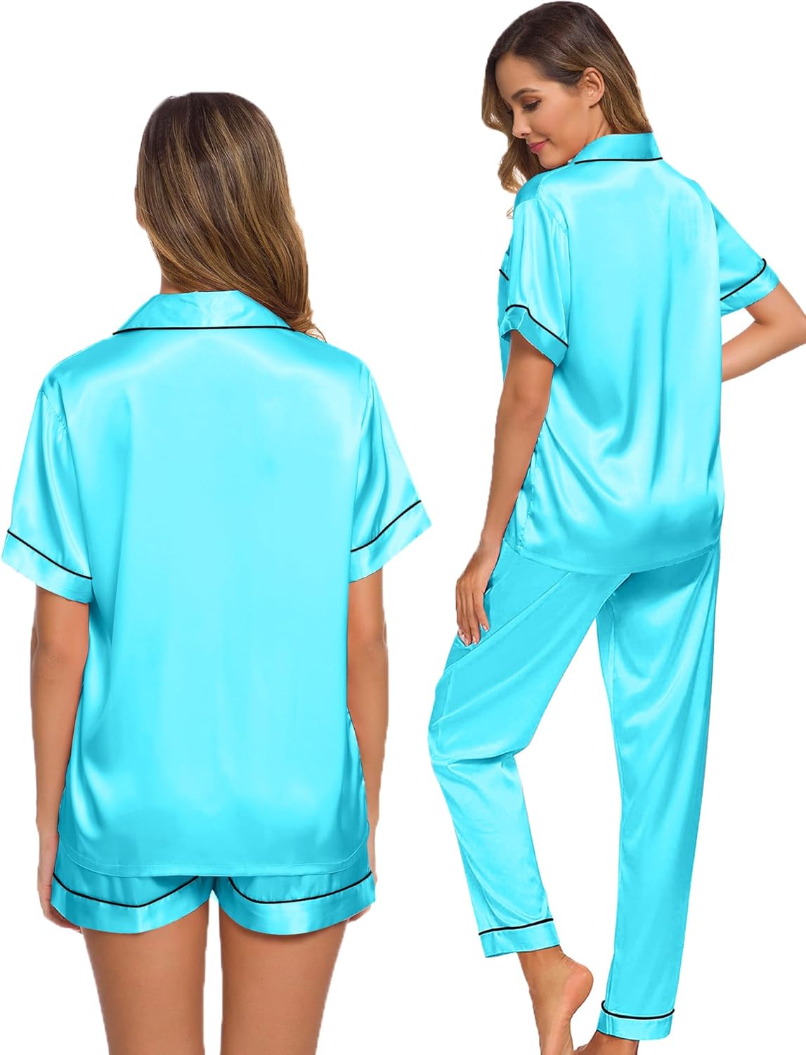 SWOMOG Womens Silk Satin Pajama Sets 3Pcs Button Down Pj Set Short Sleeve Sleepwear Loungewear Pjs Nightwear XS-XXL - Image 5