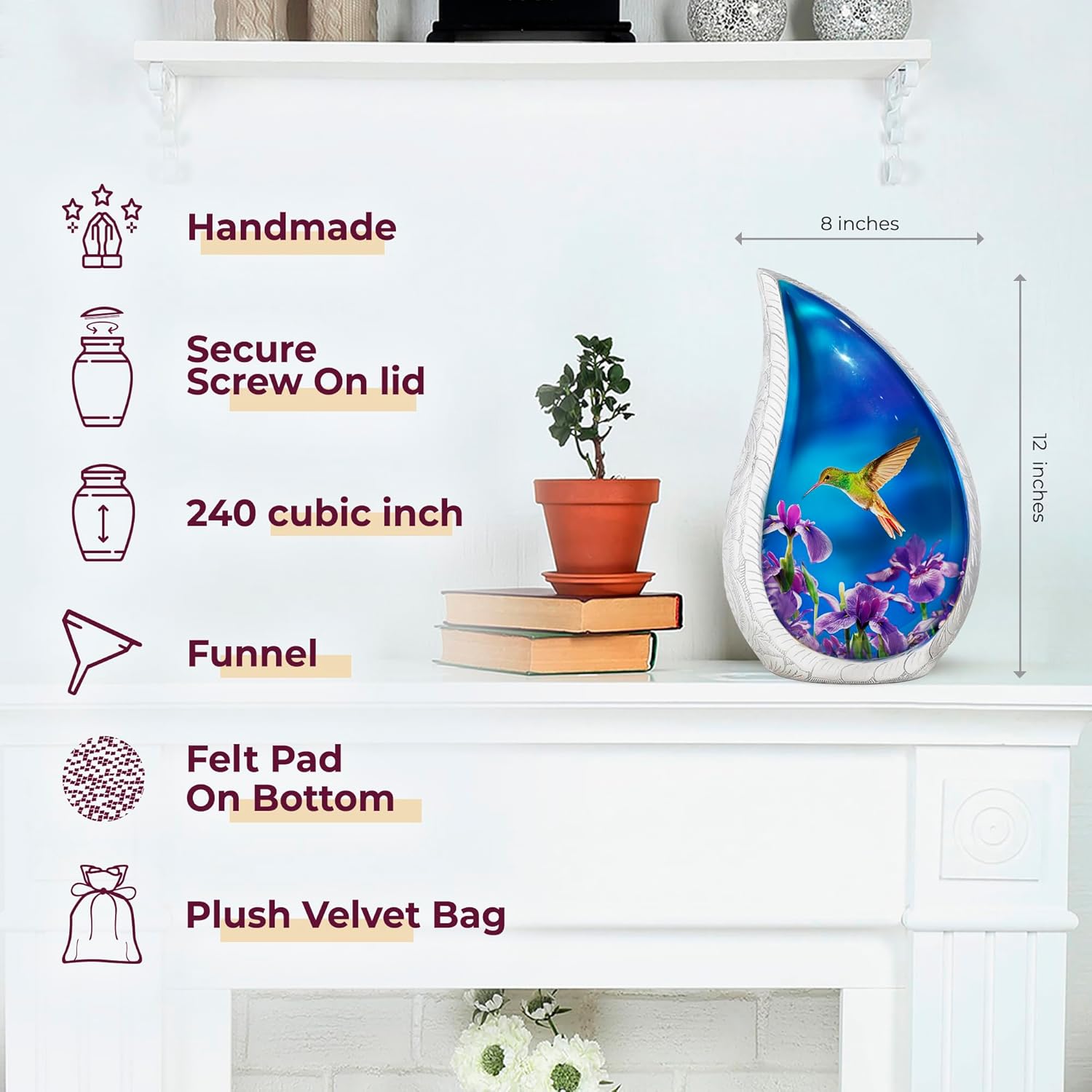 Trupoint Memorials Cremation Urns for Human Ashes Adult Female, Decorative Burial Urn for Men & Women – Large, Blue Hummingbird Teardrop - Image 2