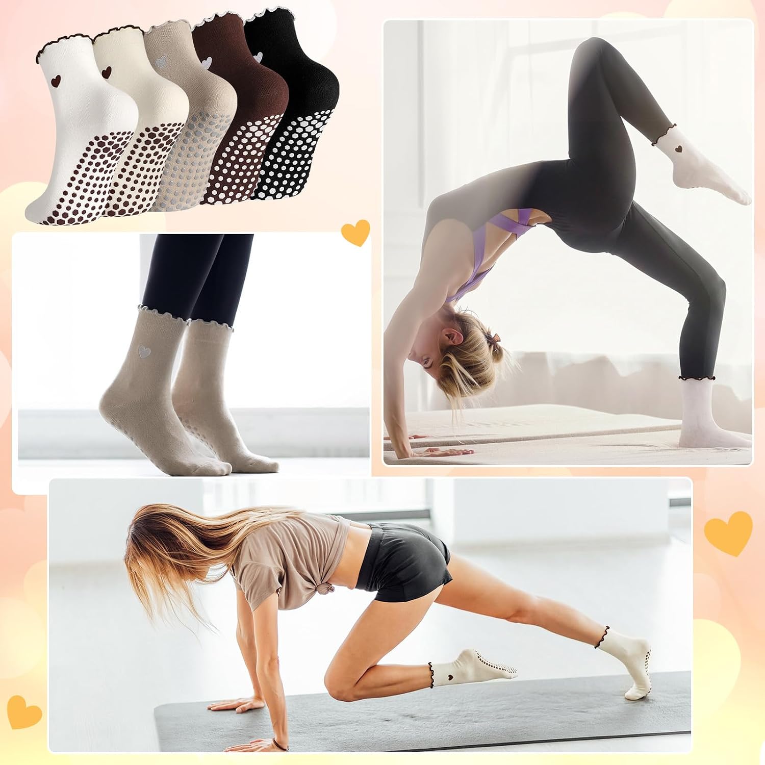 5 Pairs Women Cute Pilates Grippy Socks Non-Slip Ruffle Yoga Socks Pilates Sock with Grips for Barre Workout