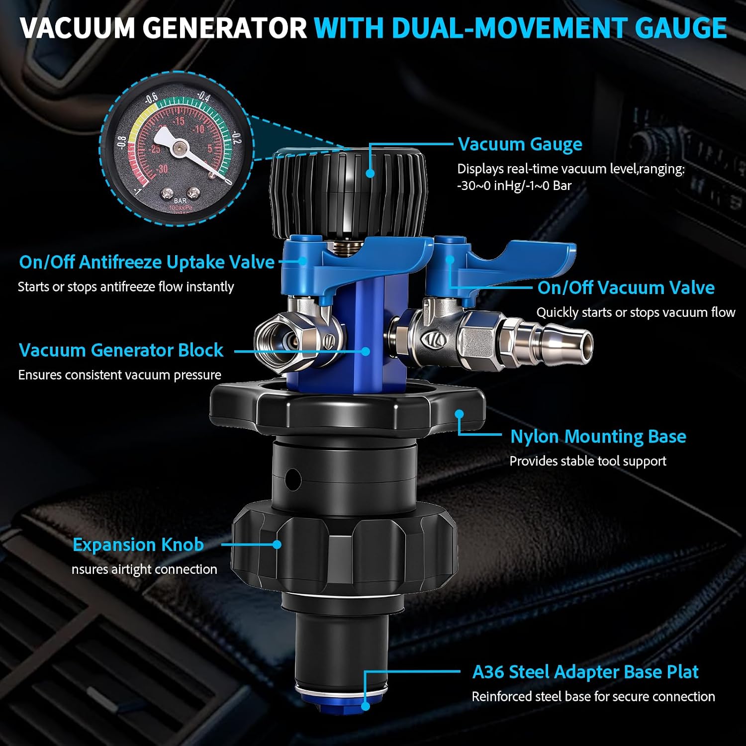 VTG VOGTEN Coolant Vacuum Refill Kit,15PCS Vacuum Coolant Fill Kit with Leak Detector,6 Adapters,Cooling System Vacuum Fill Tool with Dual-Movement Gauge,for Pressure Testing,Leak Detection