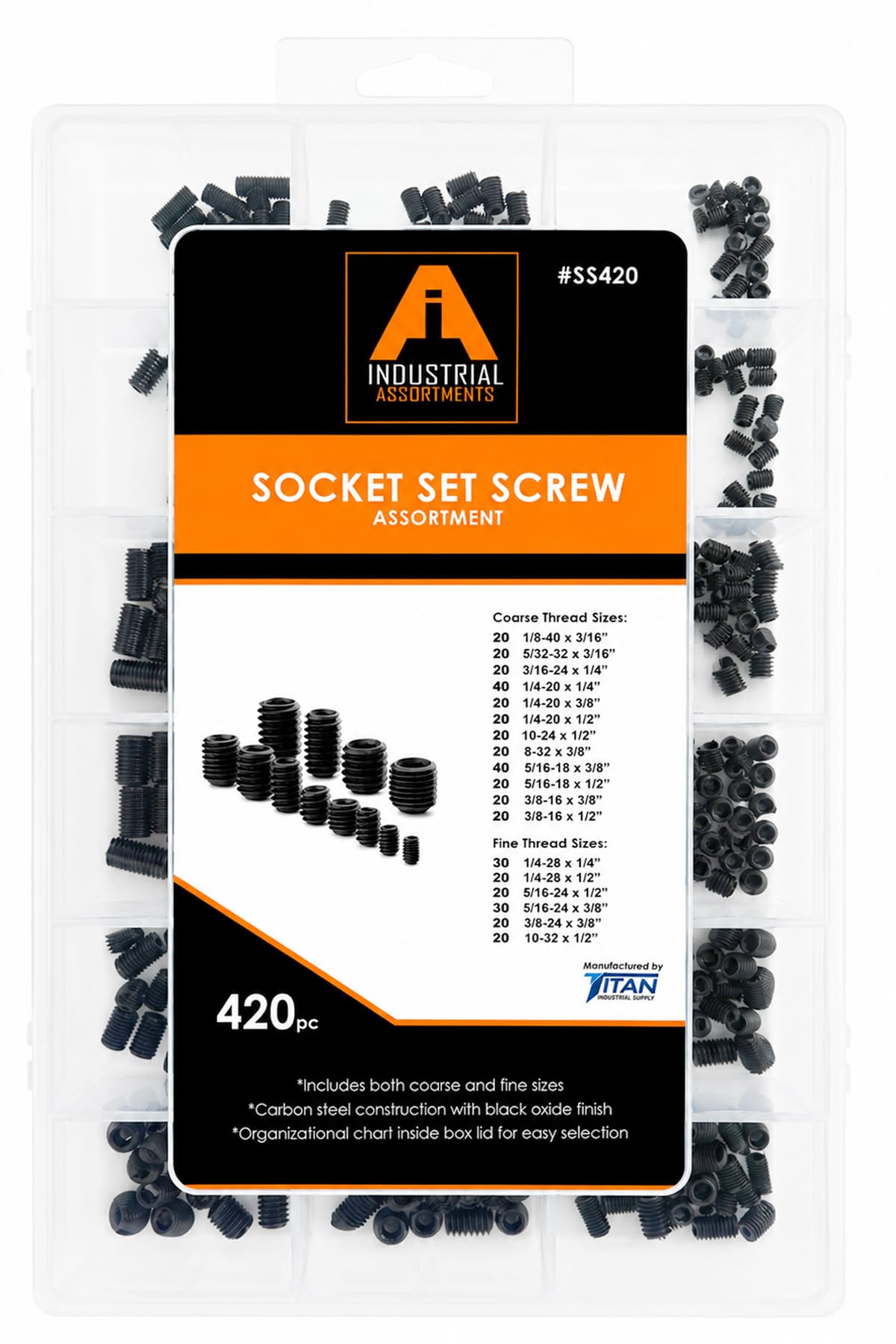 Juego de 420 tornillos de acero al carbono con acabado de óxido negro, tornillos de rosca gruesa y fina
