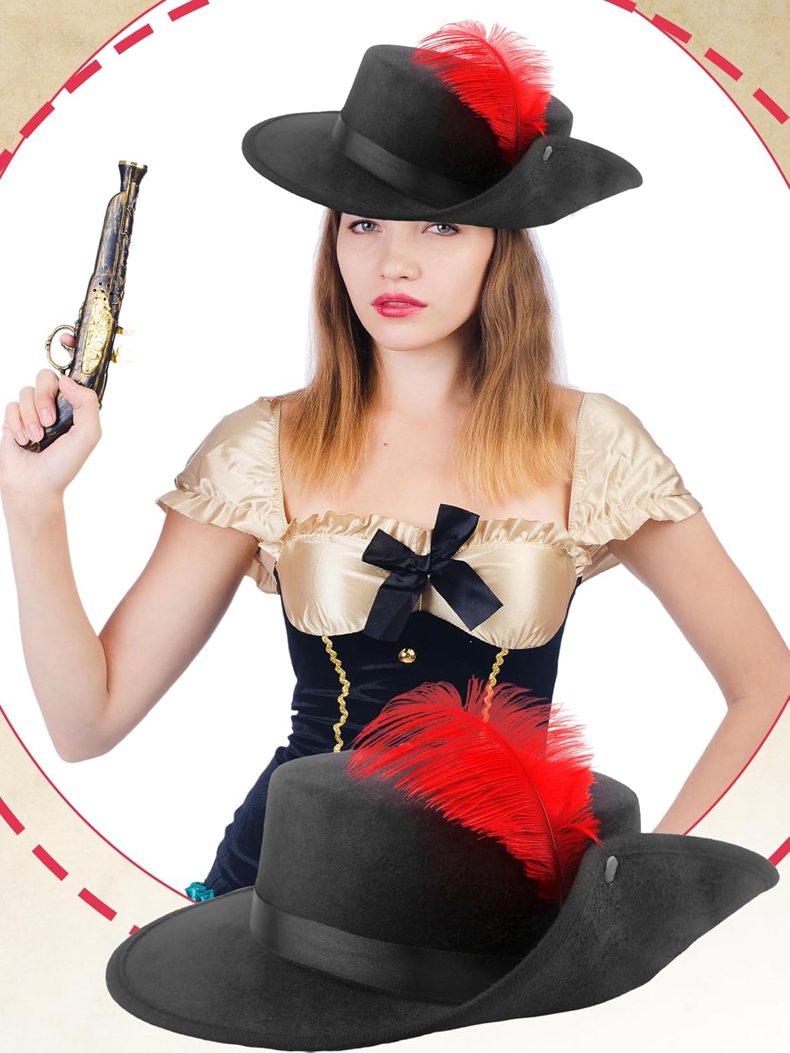 2 Pack Black Pirate Hat with Feather Pirate Costume Hat Flat Top Fedora Hat for Men Women Halloween Cosplay Party Costume Accessories