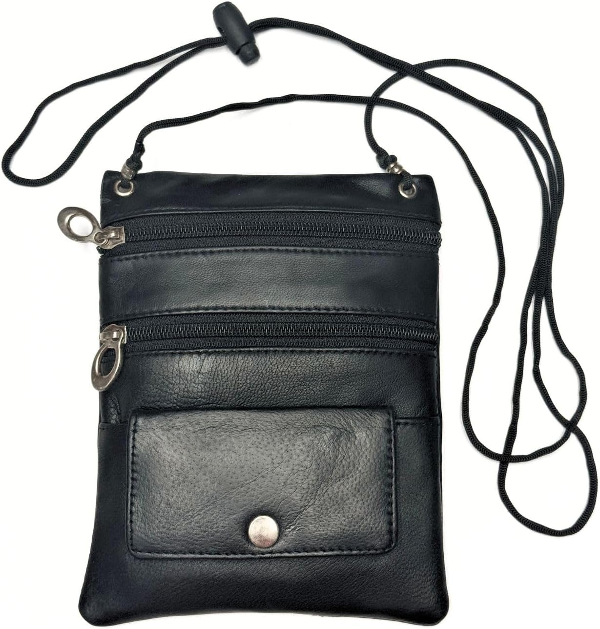 3 Zipper Leather Travel Pouch Bag - Small Cross Body Purse (Black)