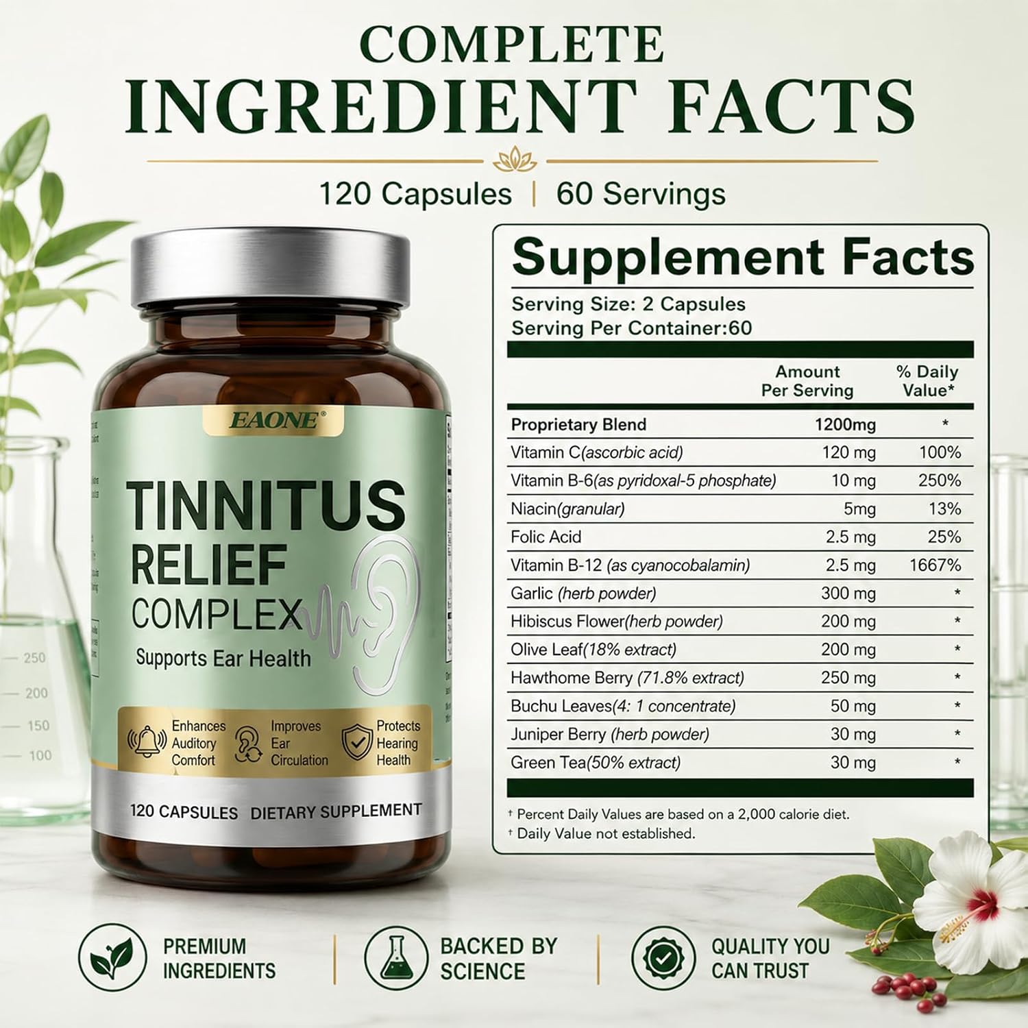 Tinnitus Relief for Ringing Ears, 120 Capsules, Ear Ringing Support Supplement with Vitamin C and B Complex, Helps Reduce Ear Noise and Buzzing, for Inner Ear Balance and Auditory Clarity, 60 Day