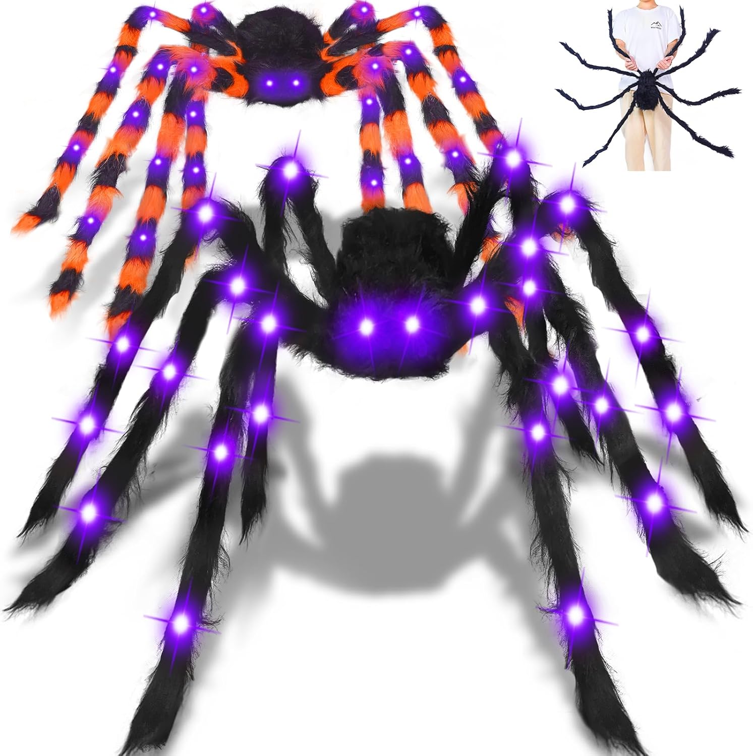2 Pack 5 Ft+4.2 Ft Giant Spider Halloween Decorations Outdoor, Light up Black and Dual Color Fake Spider Totally 52 Purple LED for Yard Outside Indoor Scary Haunted House Prop Halloween Party Decor